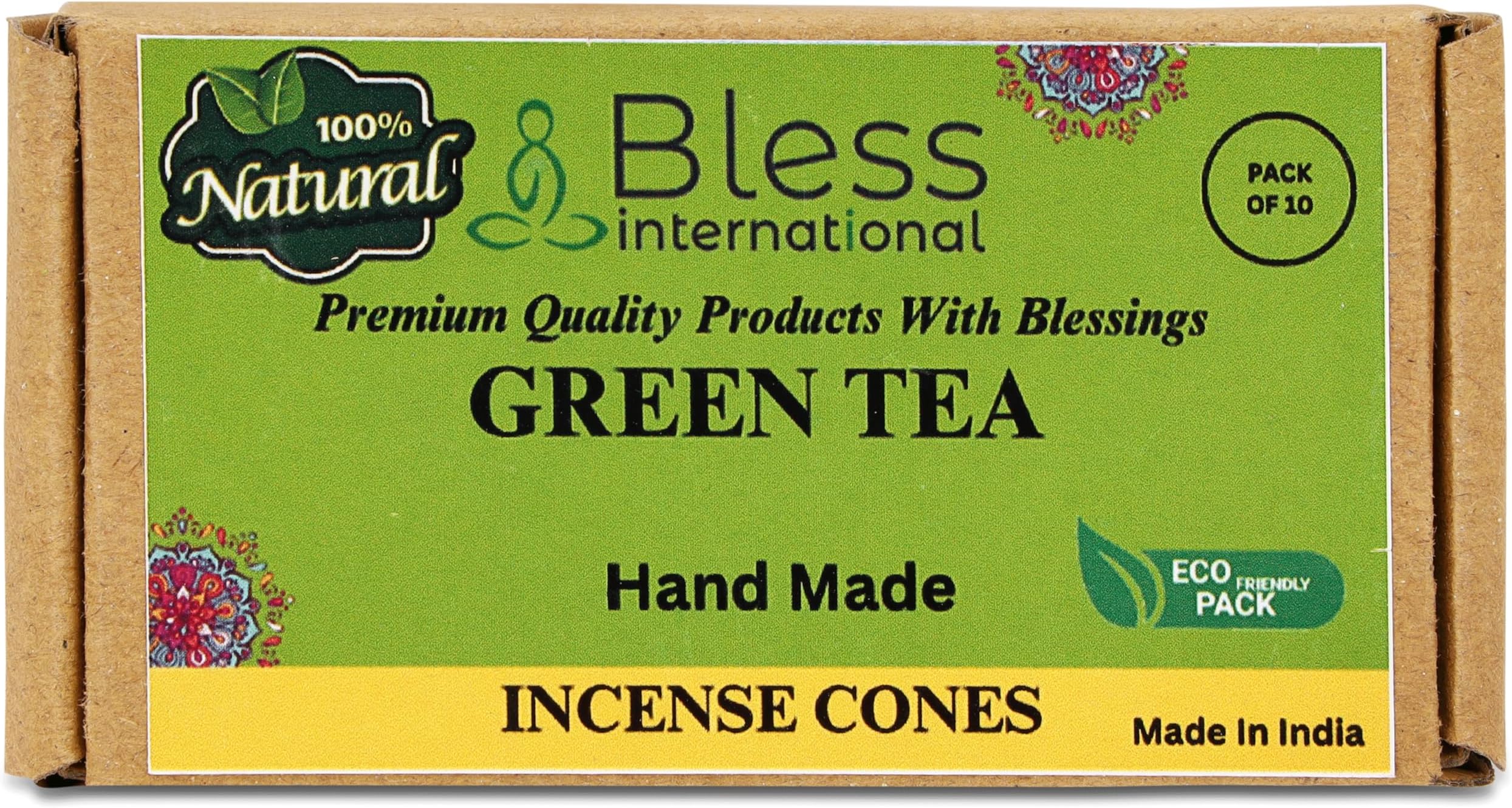 Bless International Green-Tea 100%-Natural-Incense-Cones Handmade-Hand-Dipped Organic-Chemicals-Free for-Purification-Relaxation-Positivity-Yoga-Meditation The-Best-scents (10 Count)