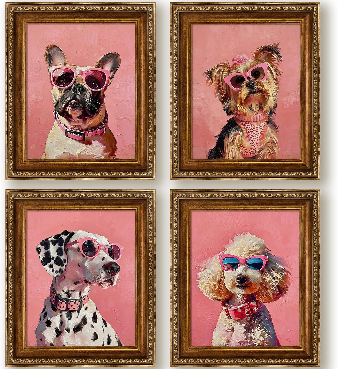 Foritho Trendy Fashion Dog Wall Art Prints 8x10 Set of 4 Unframed | Trendy Girly Pink Sunglasses Dog Wall Decor Pictures Posters for Girls Bedroom Room Dorm, Funny Puppy Dog Wall Decor