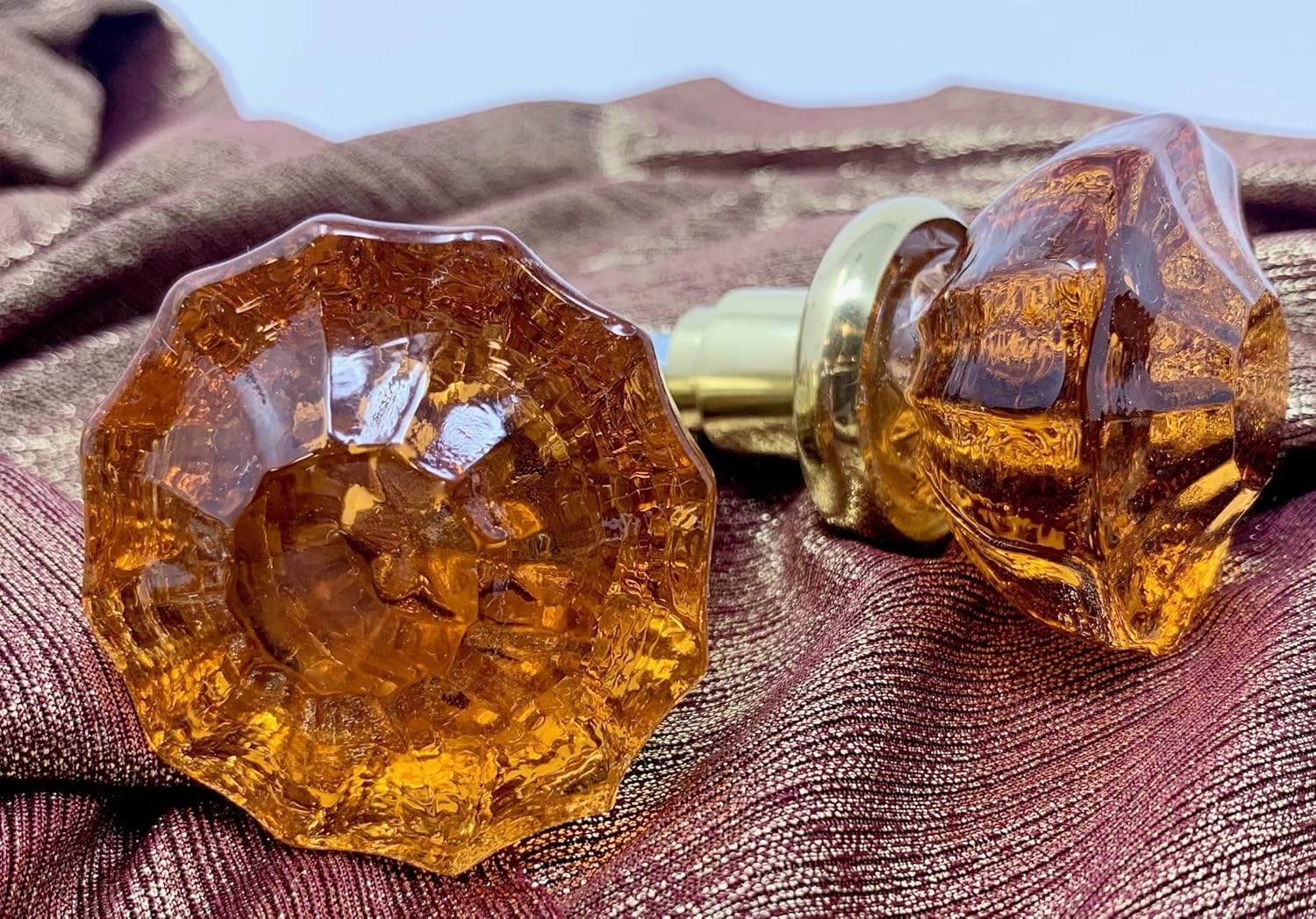 Amber Fluted Glass Door Knob (One Pair in Polished Brass Setting)