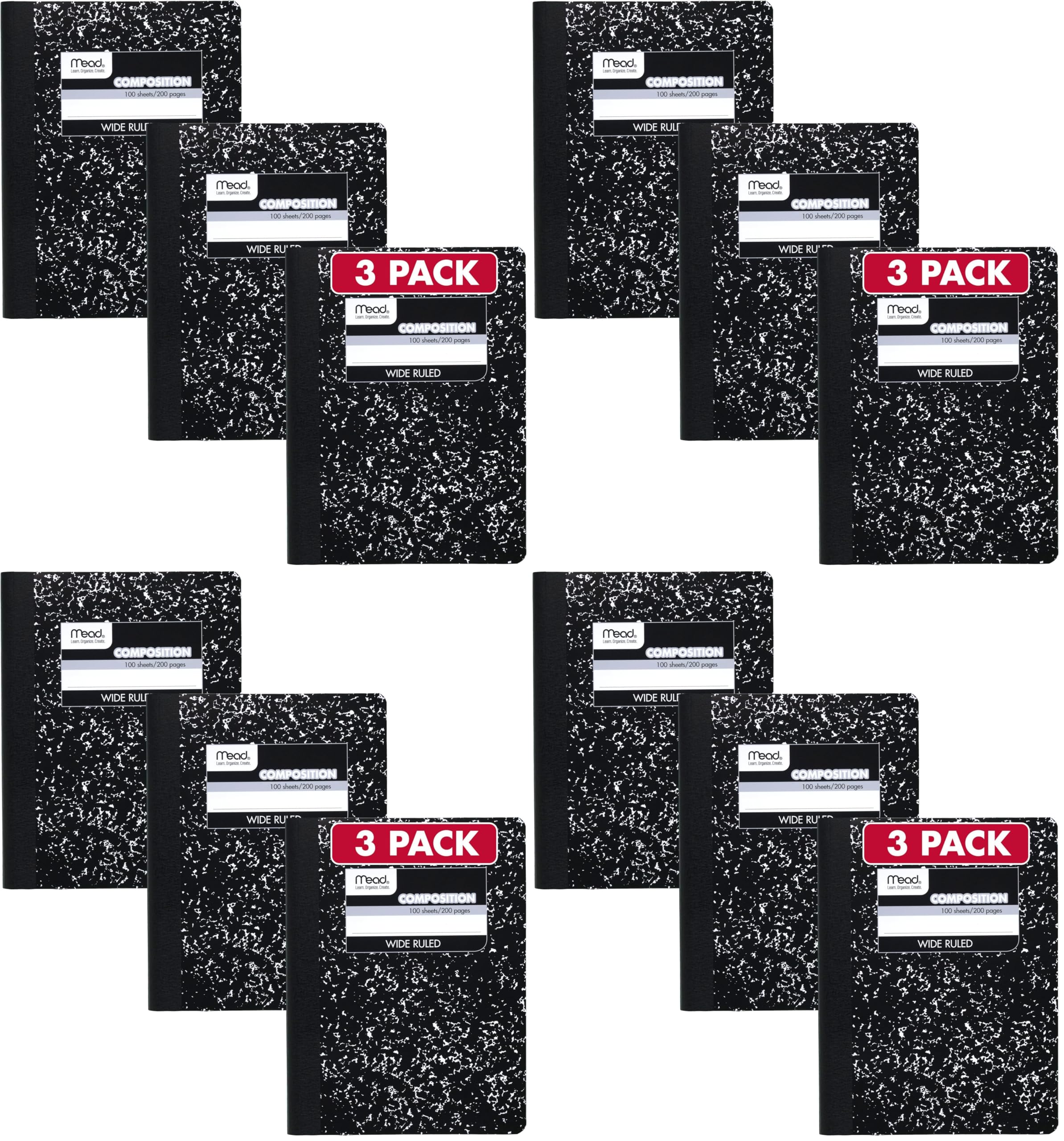 Mead Composition Notebook, 12 Pack, Wide Ruled Paper, 7-1/2" x 9-3/4", 100 Sheets per Comp Book, Black Marble (38301)