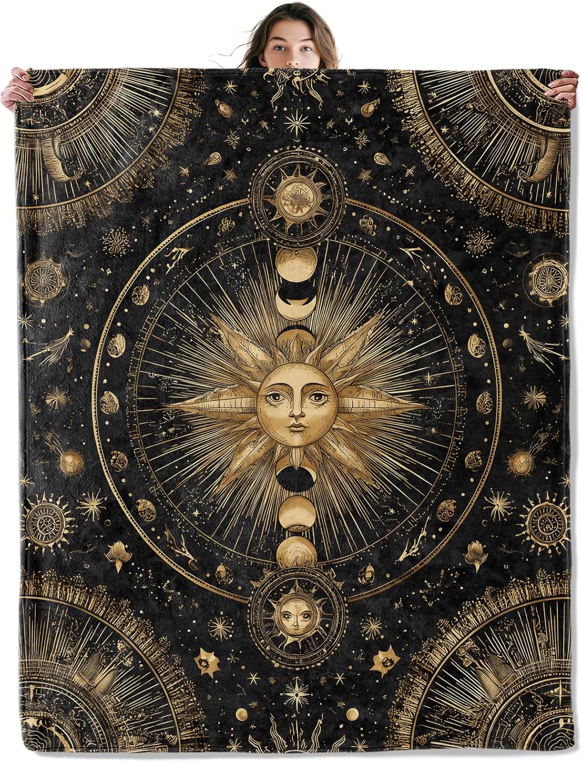 Sun and Moon Throw Blanket Soft Cozy Lightweight Flannel Blankets with Vintage Gold Celestial on Black Background Printed for Astrology Lover Bedroom Dorm Mystical Decor Gifts 50x60 Inch