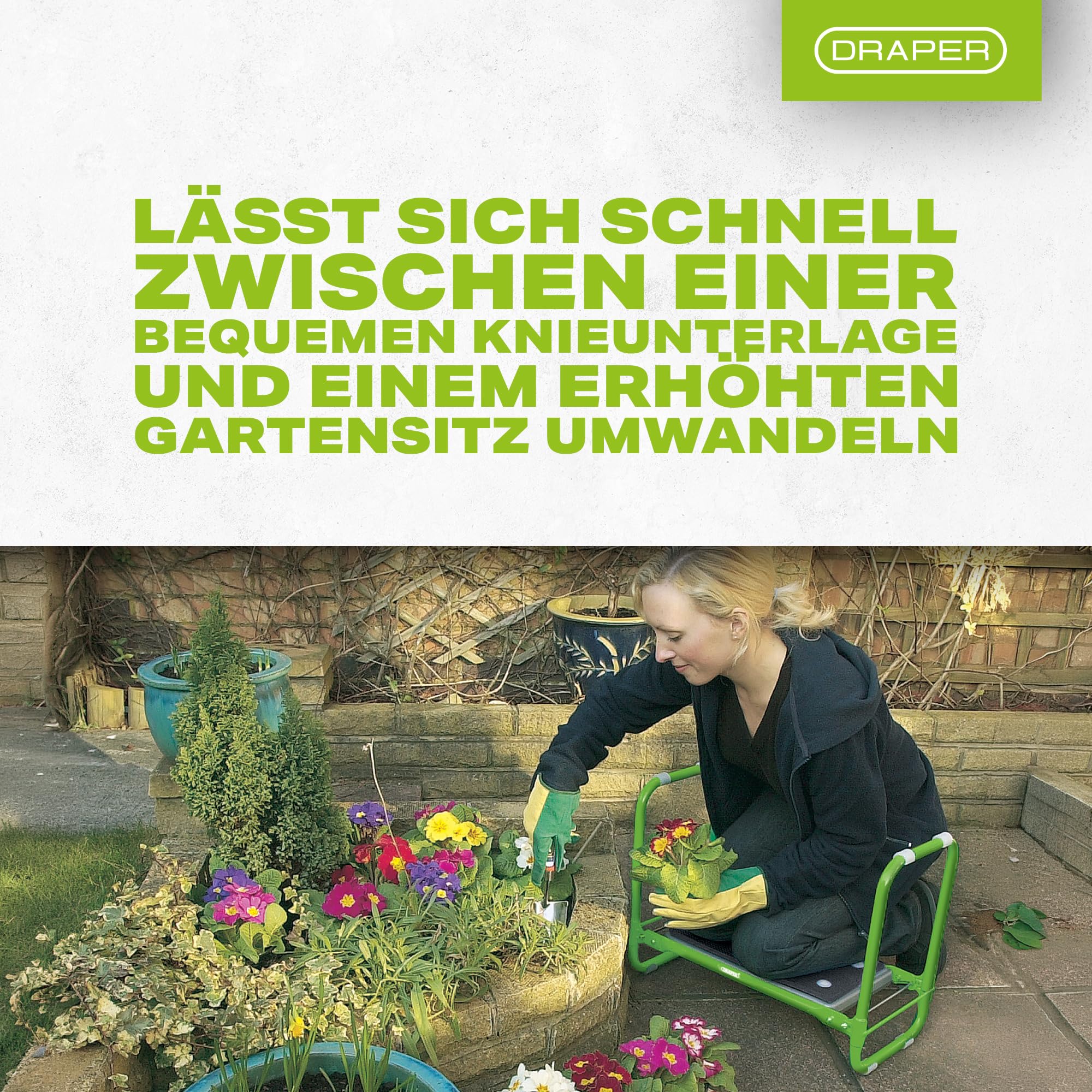 Draper Tools Klappbarer Gartenkniestuhl und Sitz | Doppelfunktionsbank mit dickem Schaumstoff-Kniepolster, Rohrrahmen, Gartenhocker lässt sich flach zusammenklappen