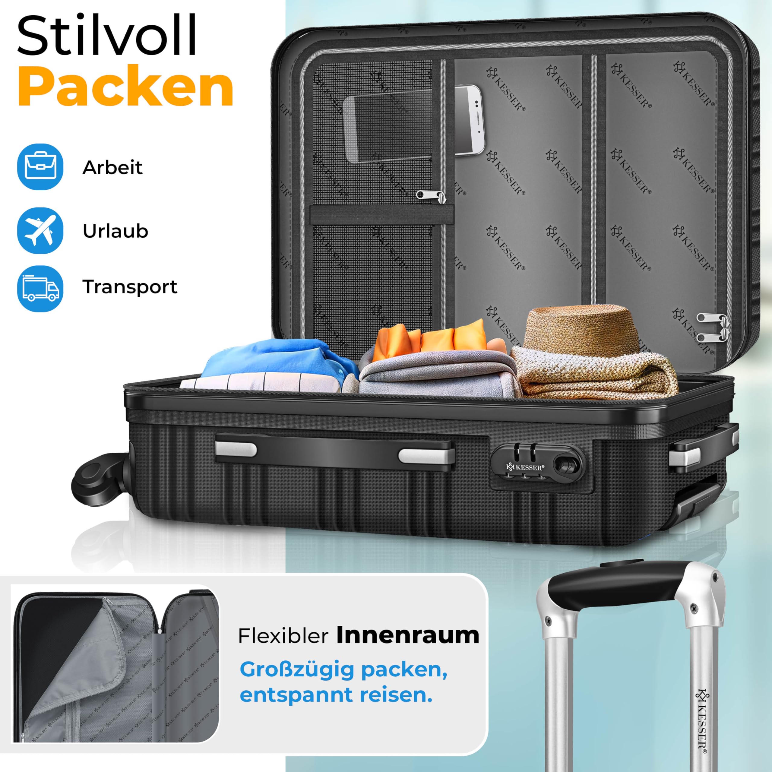 KESSER® 3tlg. Hartschalenkofferset Hartschalenkoffer Reisekoffer Set Reisekofferset Trolley Koffer 4 Rollen ABS-Hartschale Teleskopgriff Inkl. Kofferwaage + Gepäckanhänger Rollkoffer Schloss, M-L-XL