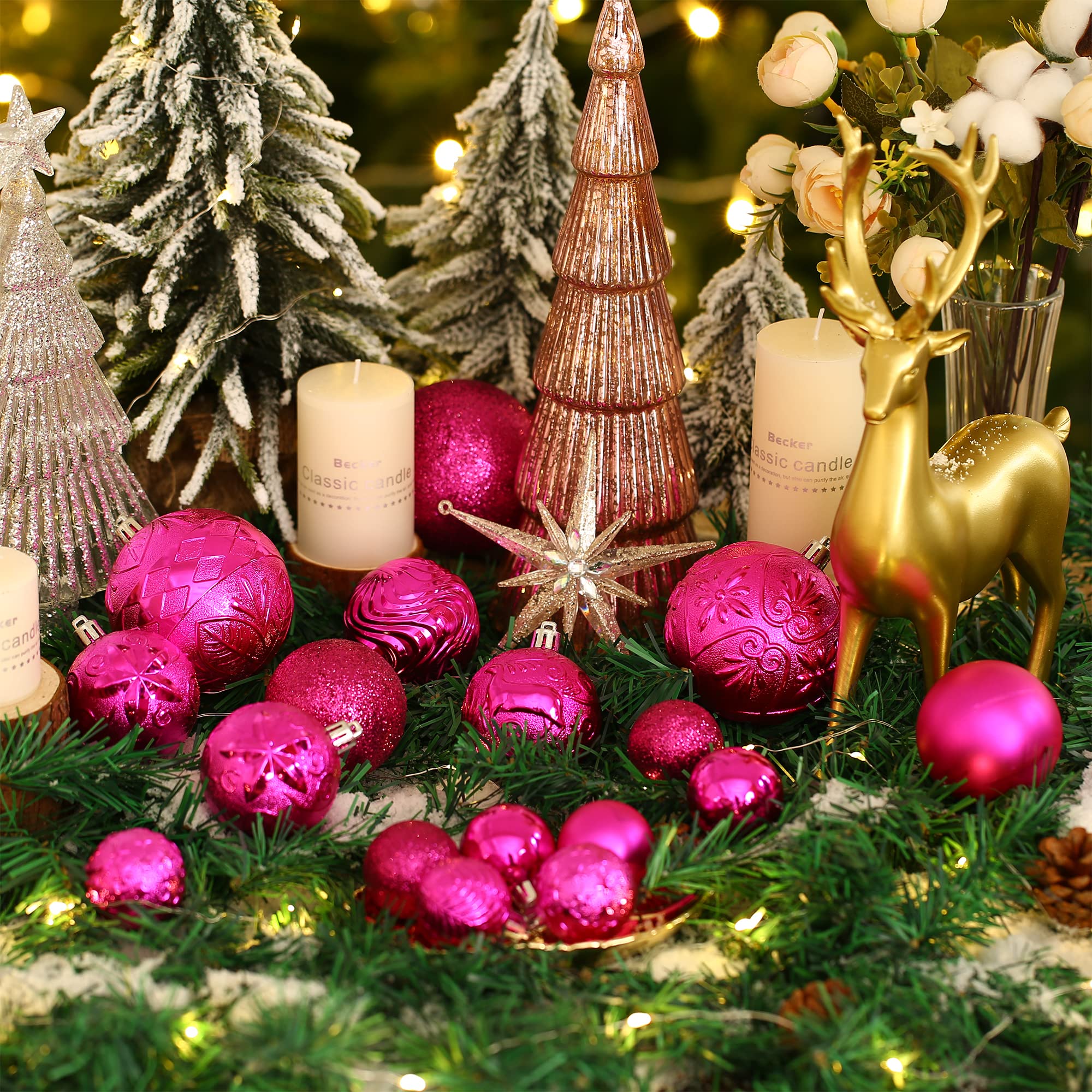 34ct Fuchsia Pink Christmas Ball Ornaments Shatterproof Plastic