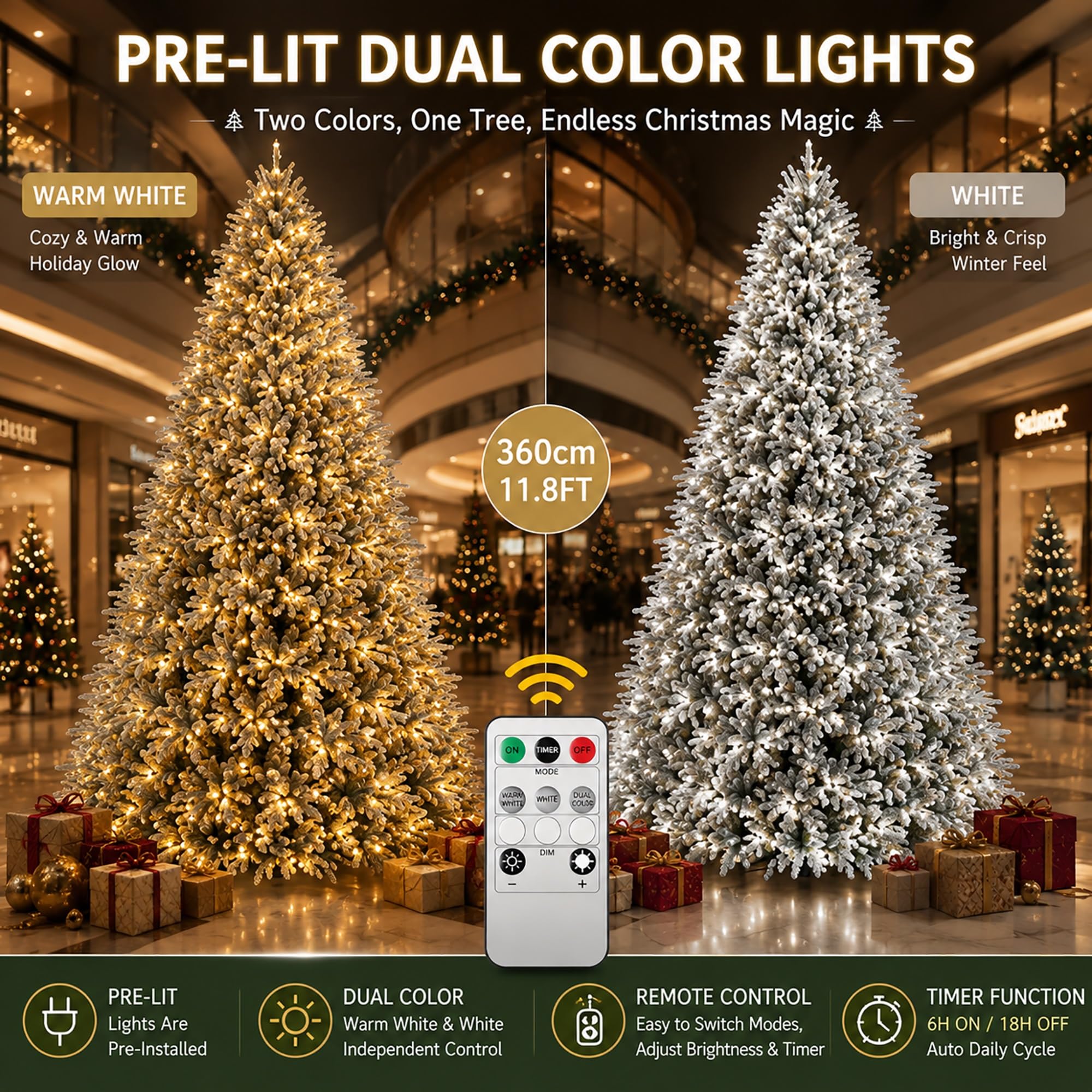 Árbol de Navidad Artificial de PE 360CM, Arbol Navidad Nevado Preiluminado