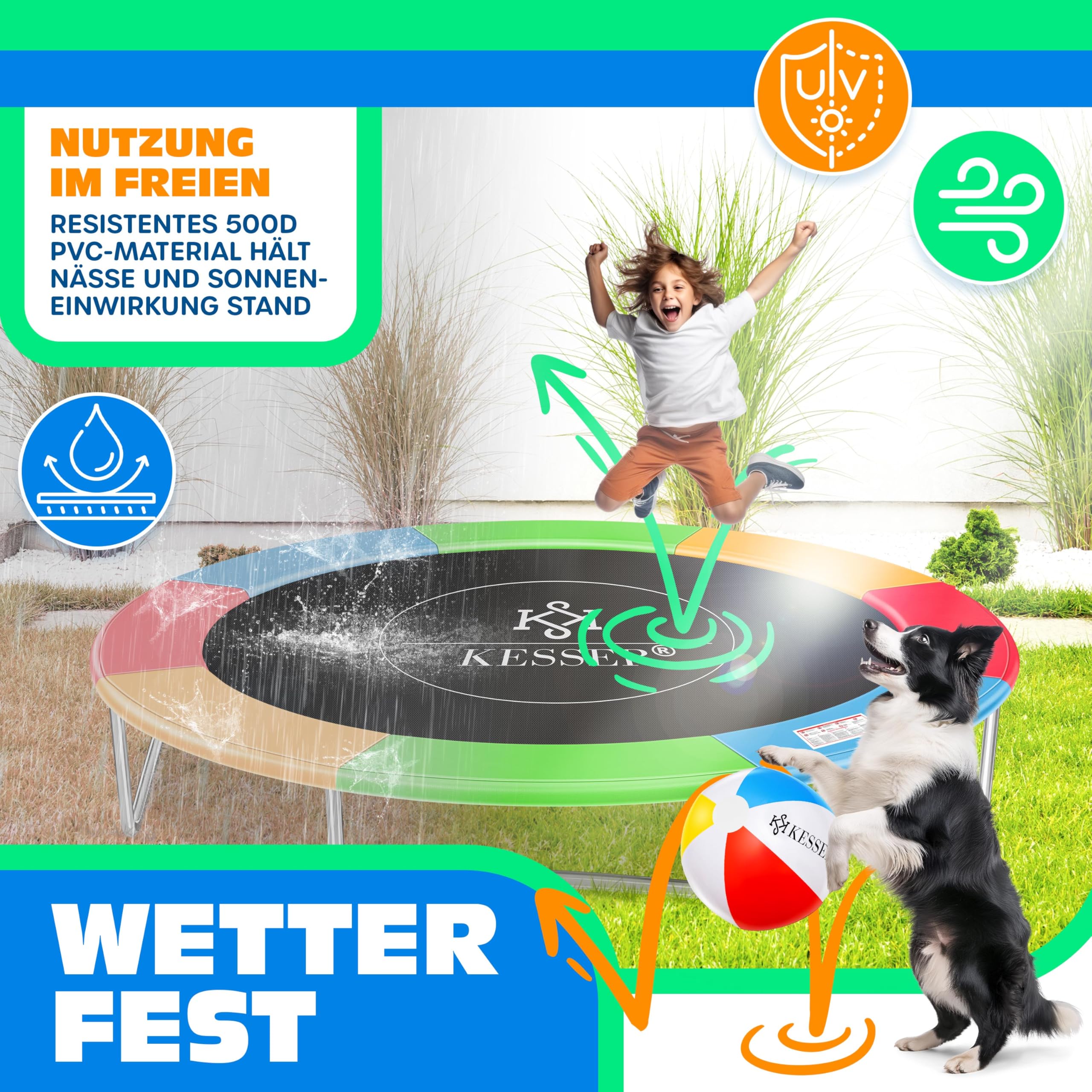 KESSER Housse de protection pour trampoline Ø 366 cm, largeur 30 cm, 100 % résistant aux UV, anti-déchirure, avec ballon de plage multicolore