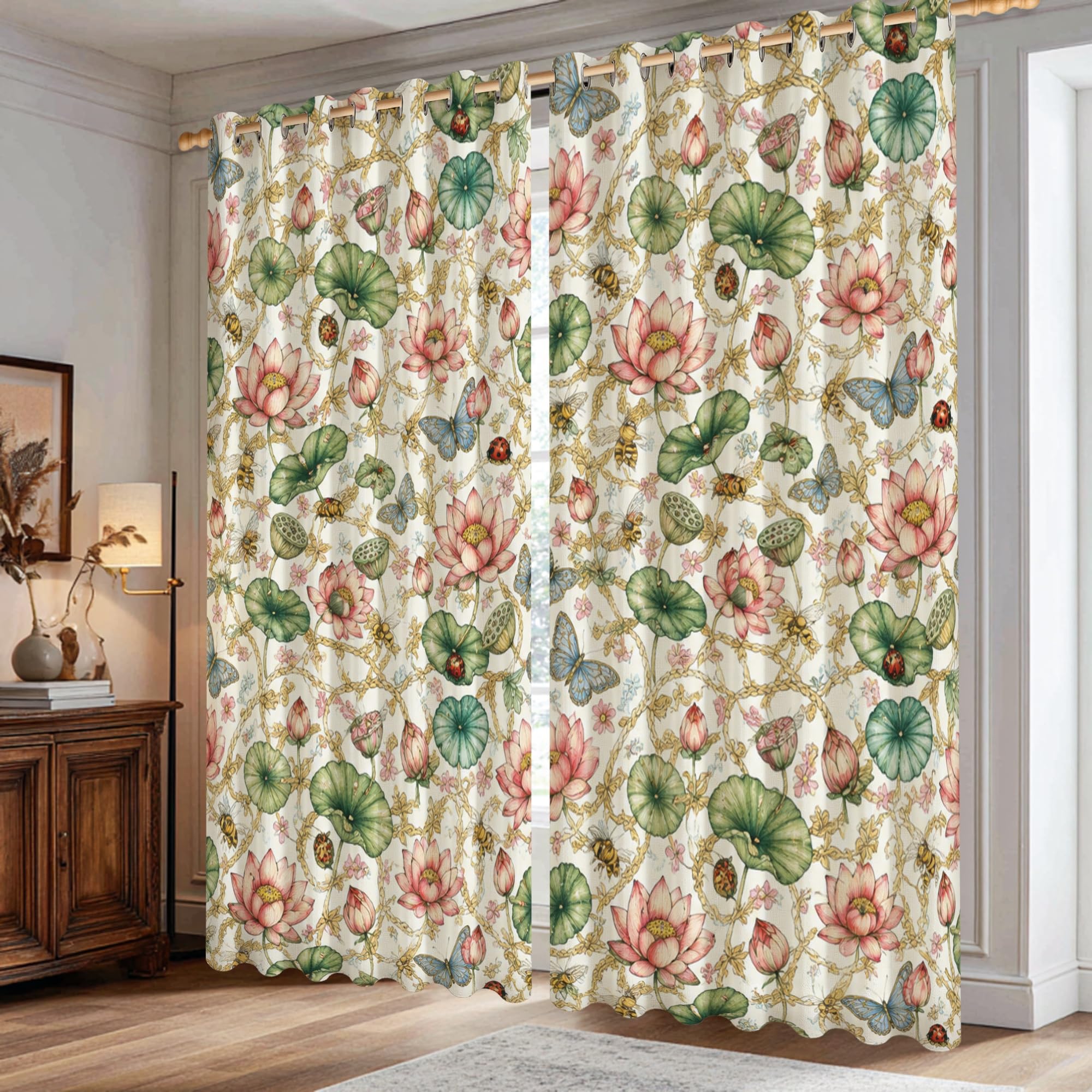 Rideaux occultants de chambre motif nénuphars, grand rideau vert occultant 213 cm