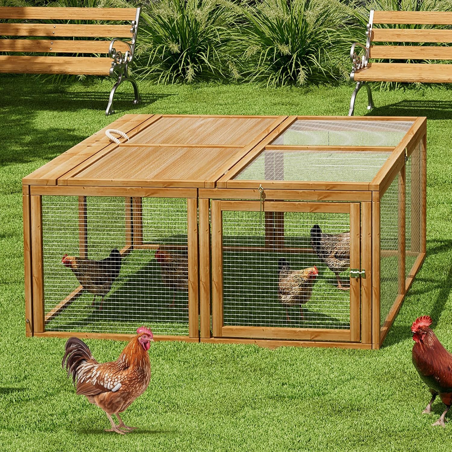 Portable Folding Chicken Coop Rabbit Hutch, Small Animal Playpen with Top & Side Doors for Chickens, Rabbits, and Poultry, 45.5 x 42.5 x 20 inch Natural