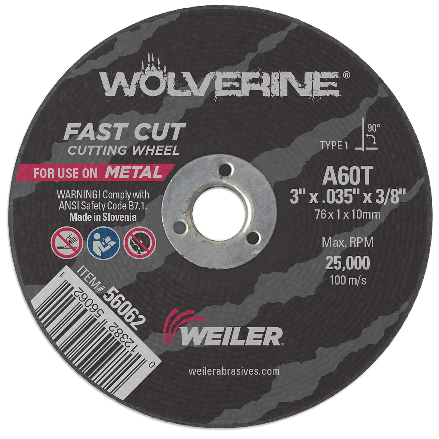 Weiler 56062 3-Inch Cutting Wheel, Wolverine AO Steel/Metal Fast Cut, Value Cutting, 0.035" A60T Type 1 3/8" Arbor (Pack of 100)
