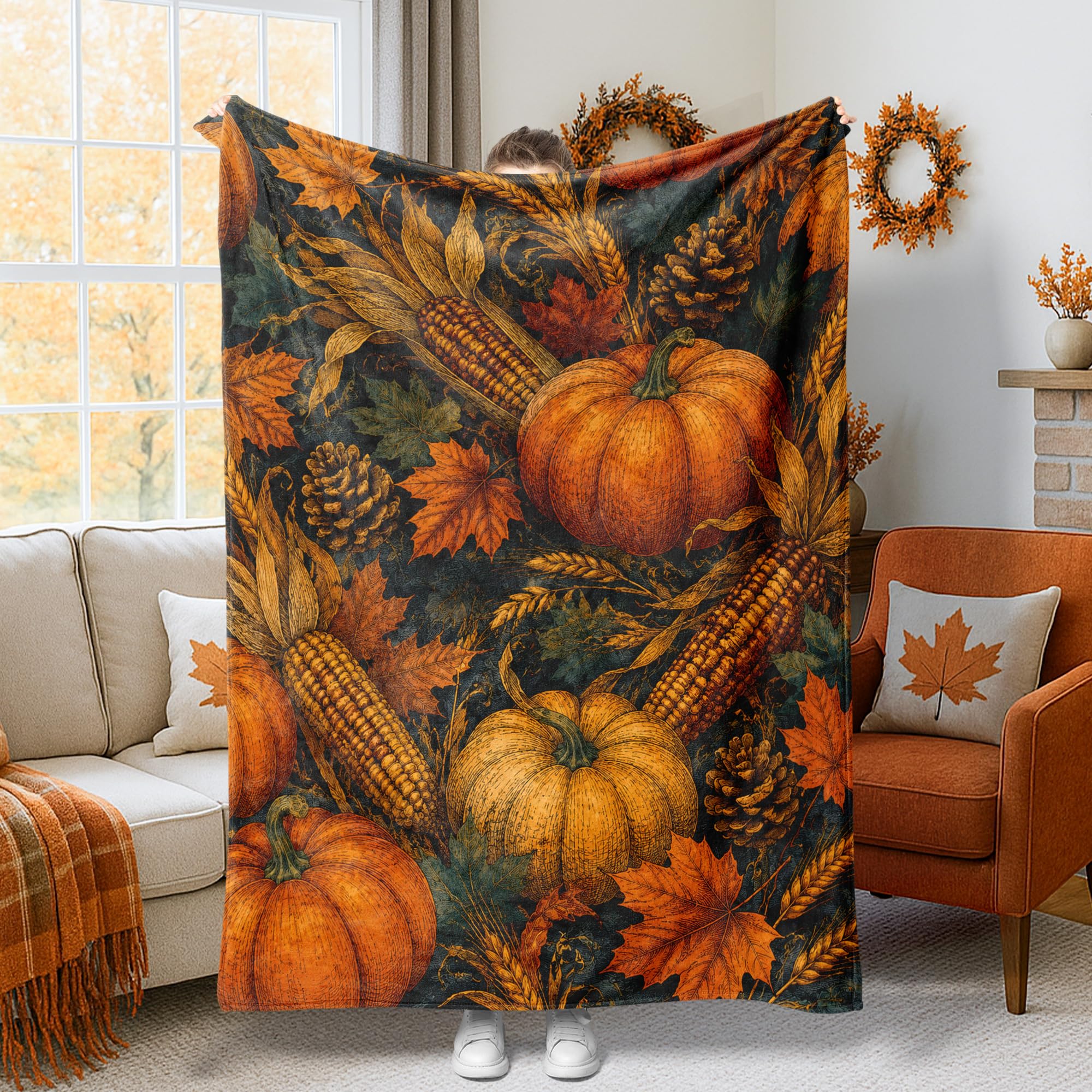 Jeté de citrouilles rustique et couverture pelucheuse pour lit et canapé de Thanksgiving