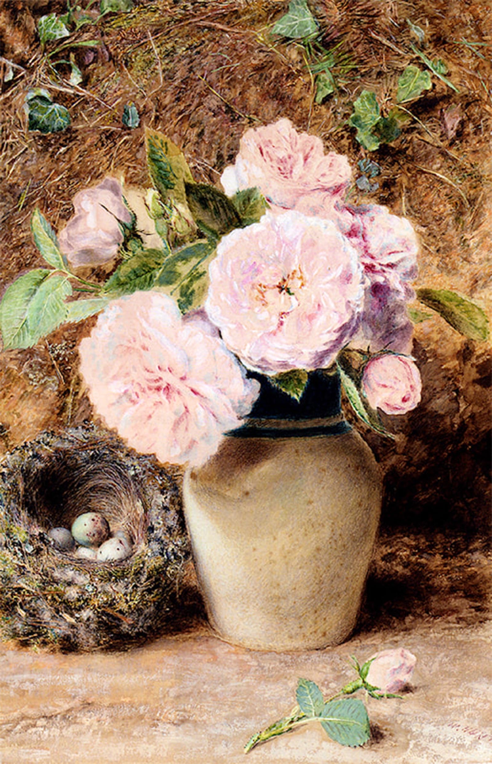 ARTXLXXBN Famous Print Painting Colorful Art Print Still Life with Roses in a Vase and a Birds Nest by William Henry Hunt Canvas Art Decorations for Home Decor 60x90cm