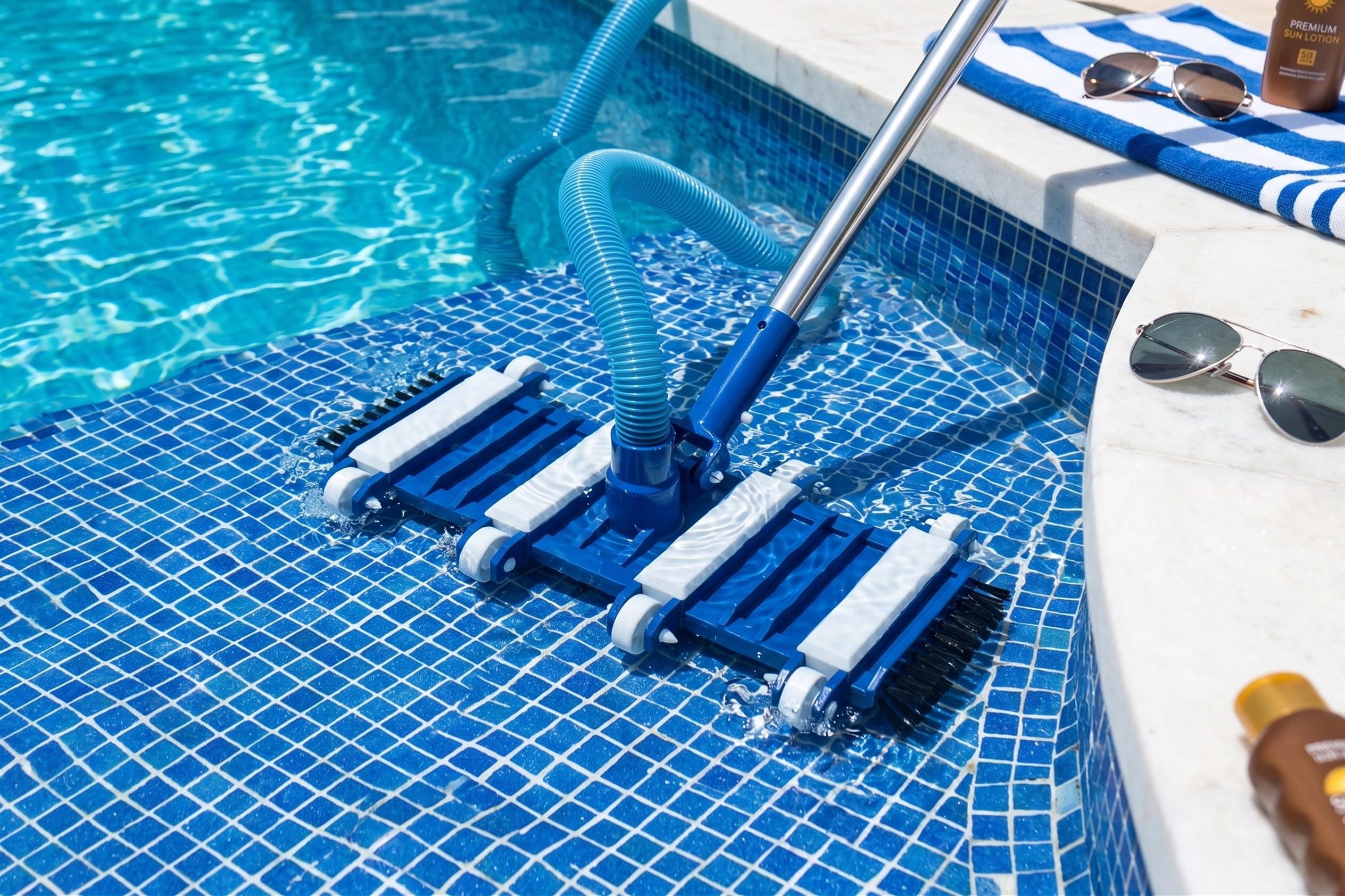 HERSIG - Cabezal Limpiafondos Flexible Manual para Piscina con Ruedas y Cepillos Laterales para Limpieza de Esquinas y Fondos Curvos con Conexión Universal