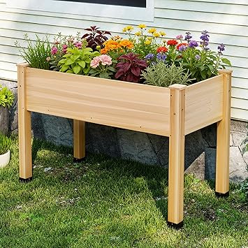 AMERLIFE Raised Garden Bed, 48x30x24 Inches Elevated Wood Planter Box with Legs, Bed Liner, Divider and Drainage Holes for Backyard, Patio, 200 lb Capacity - Light Wood
