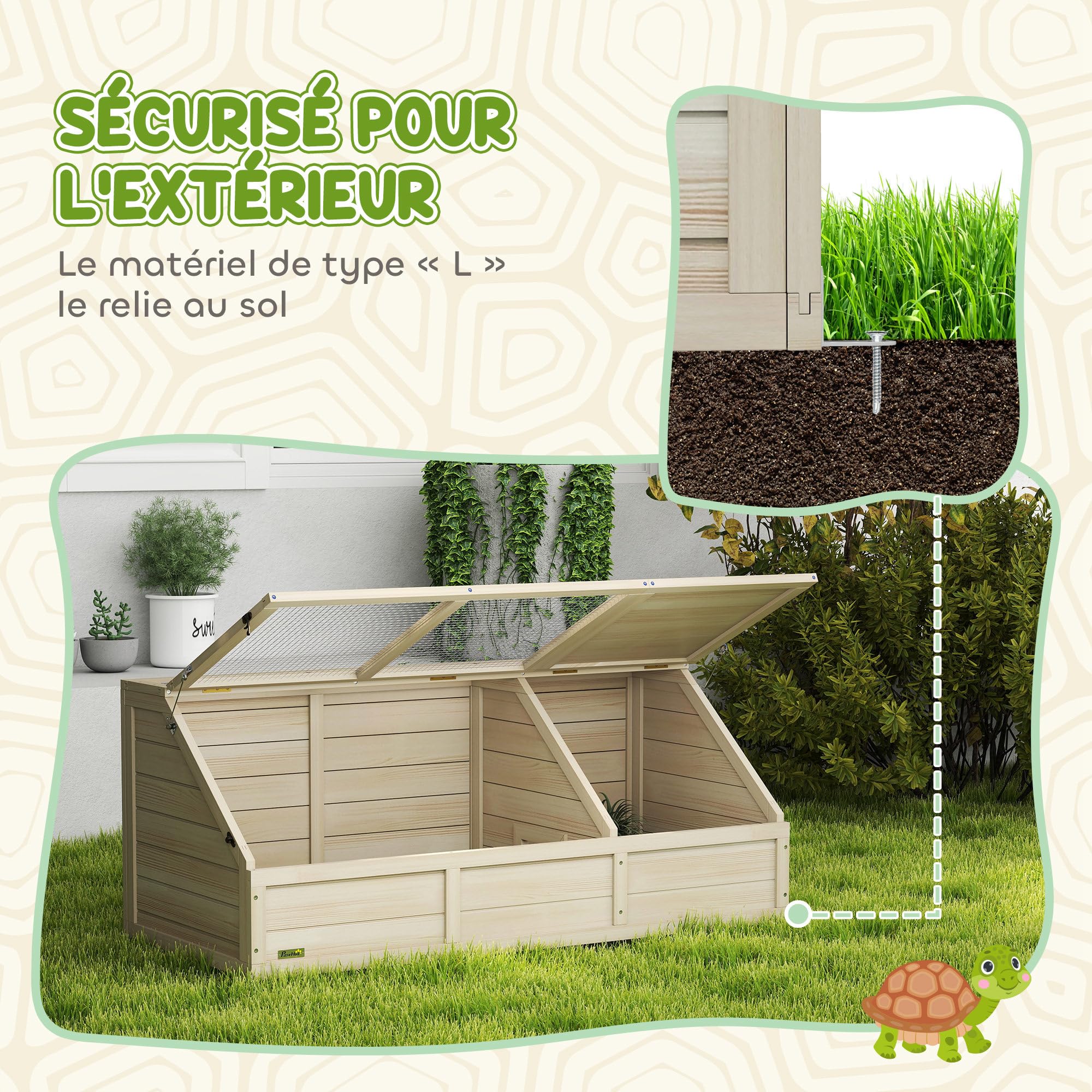 PawHut - Casa de Madera para Tortugas, recinto Exterior para Animales pequeños con Tapa abrable, pestillos y 2 Espacios Separados, sin Fondo, 120 x 55 x 50 cm, Madera Natural