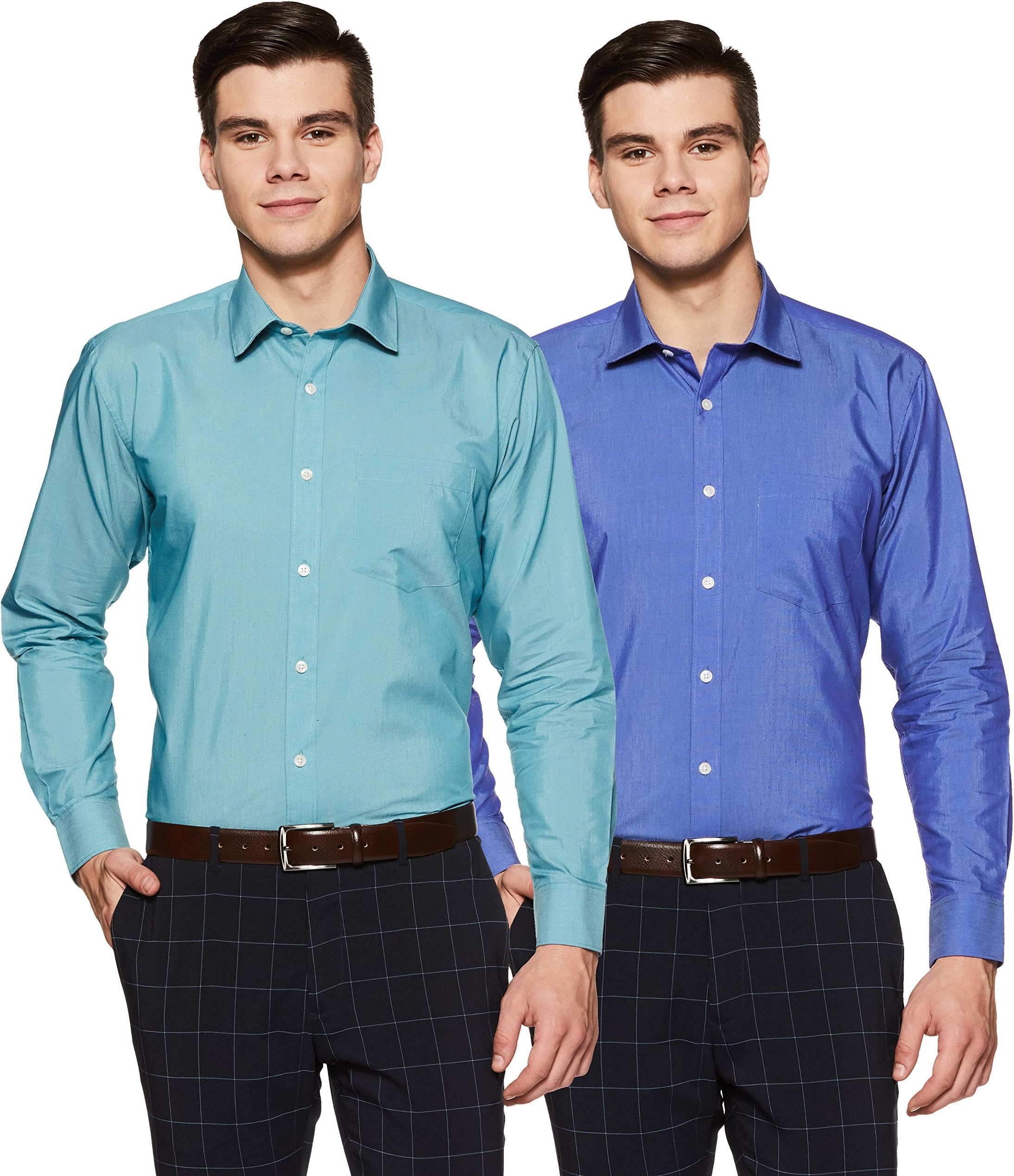Amazon Brand - SymbolMen's Solid Regular Fit Full Sleeve Formal Shirt (Combo Pack of 2) (SS18-SMFS-219_Turq / Royal_39)