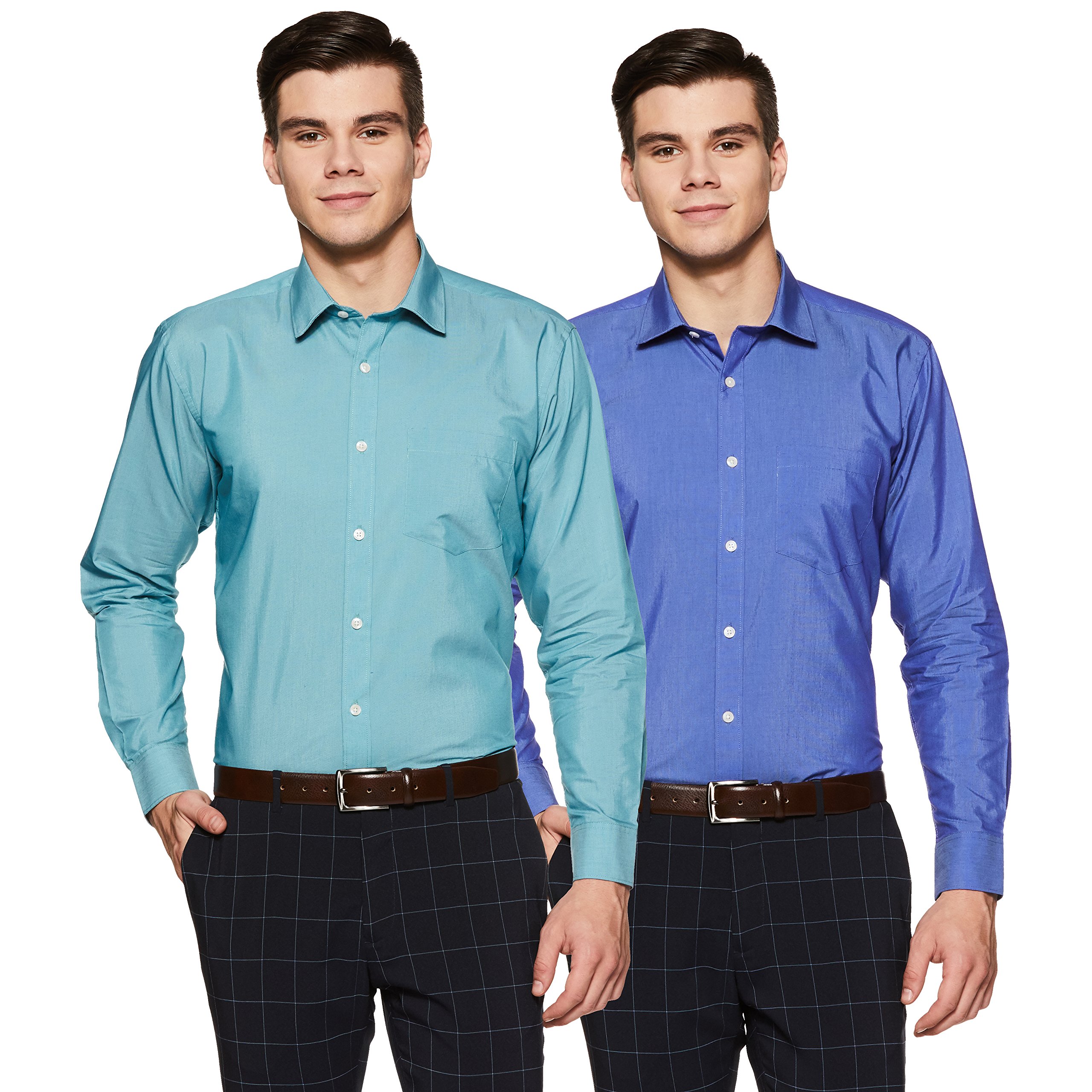 Amazon Brand - SymbolMen's Solid Regular Fit Full Sleeve Formal Shirt (Combo Pack of 2) (SS18-SMFS-219_Turq / Royal_39)