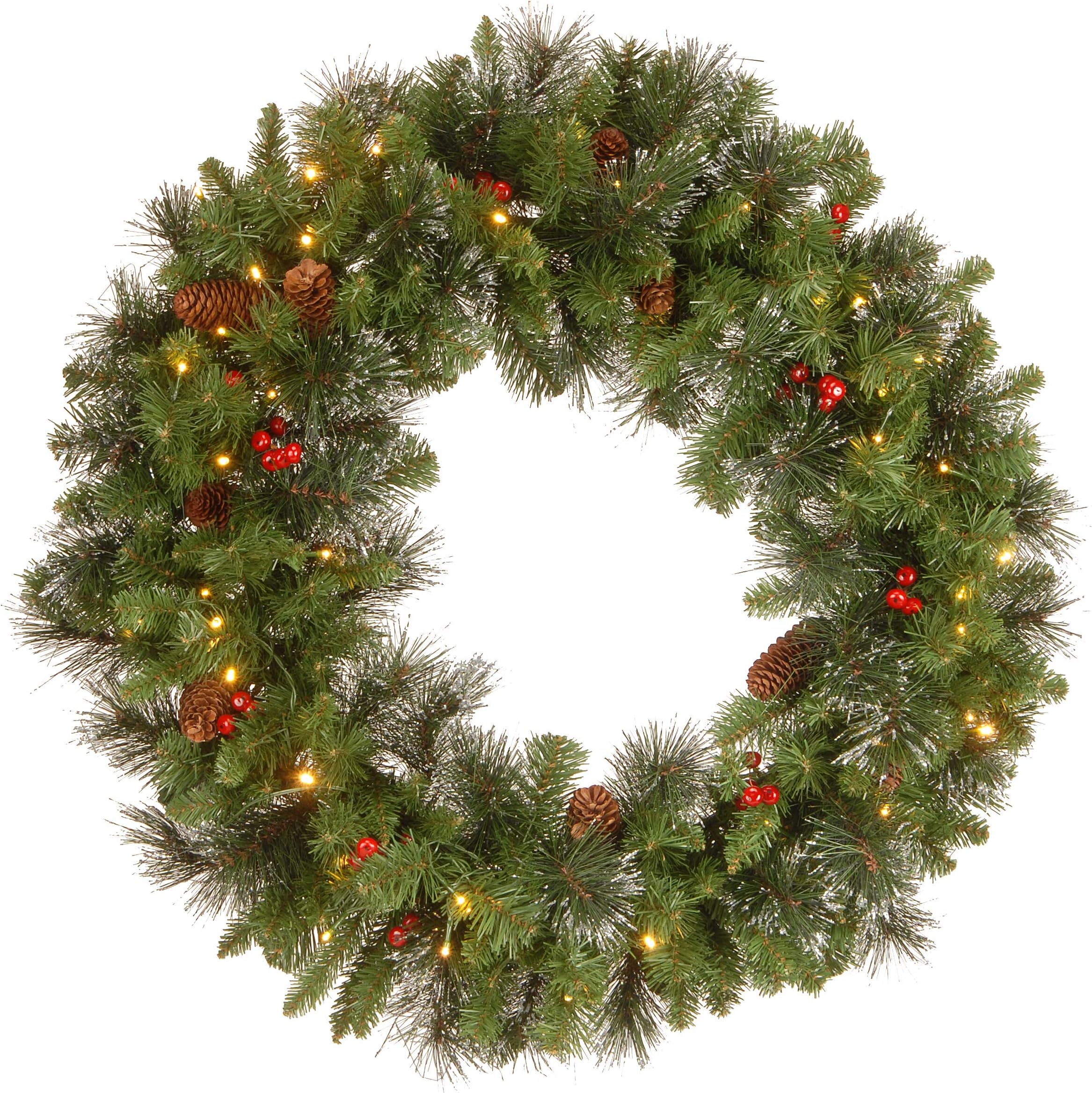 National Tree Company 30 in Pre-Lit Crestwood Spruce Artificial Christmas Wreath, Christmas Decoration with Glitter, Pinecones, Red Berries, 70 Clear LED Lights, 200 Tips, Timer, Green