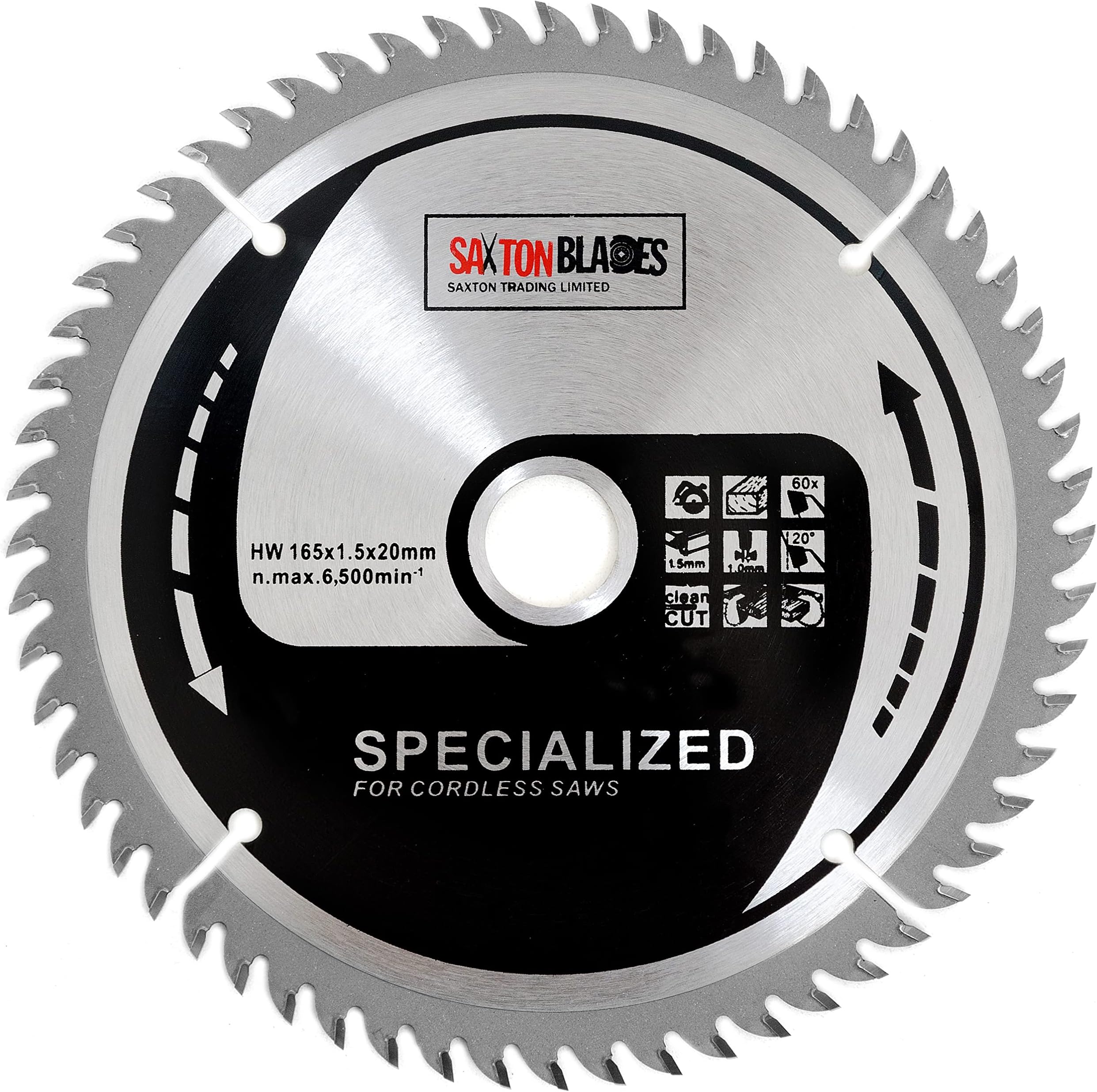 Saxton Blades TCT16560T 165mm x 60t TCT Thin Kerf Cordless Circular Saw Compatible with Dewalt Makita