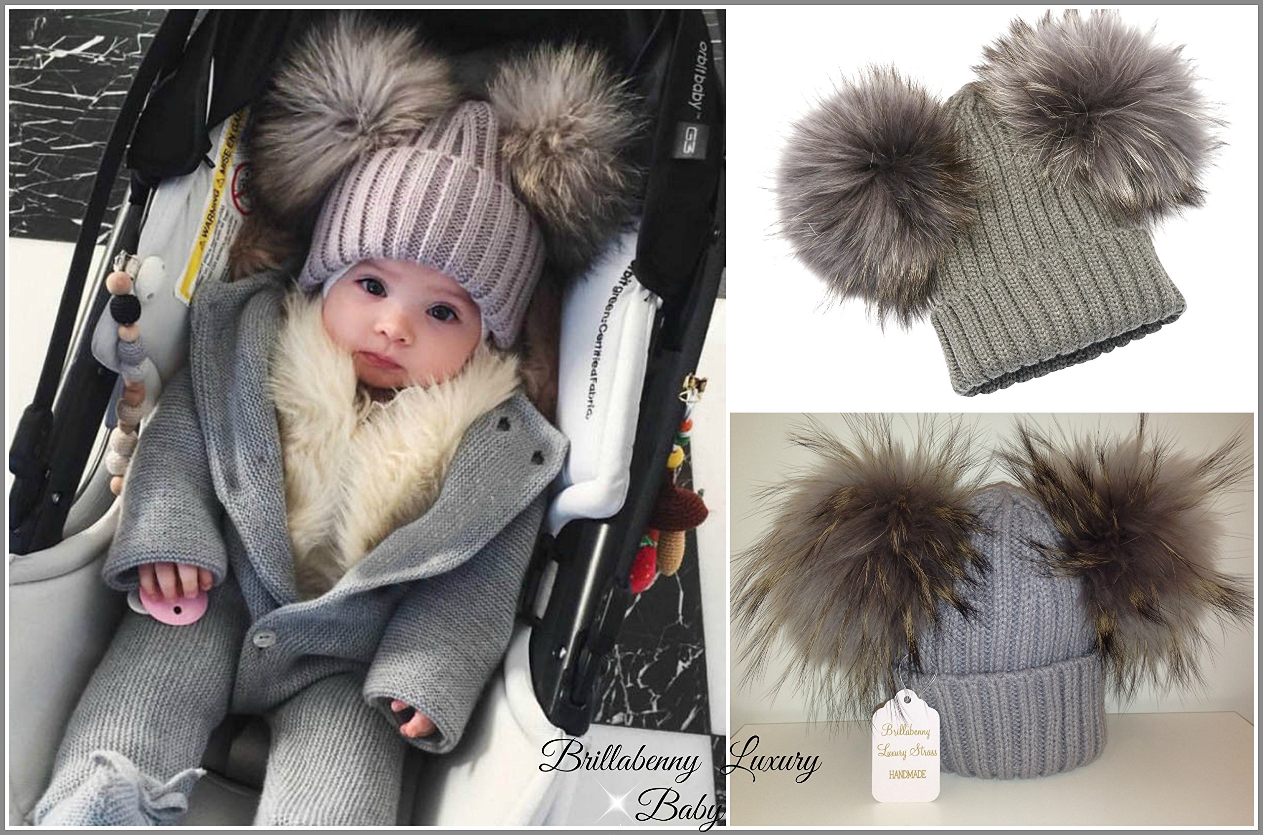 Sombrero para Bebé + Bufanda Piel Real GRIS 1-3 Años Gorra PON PON Doble desmontable Niña Niño BrillaBenny