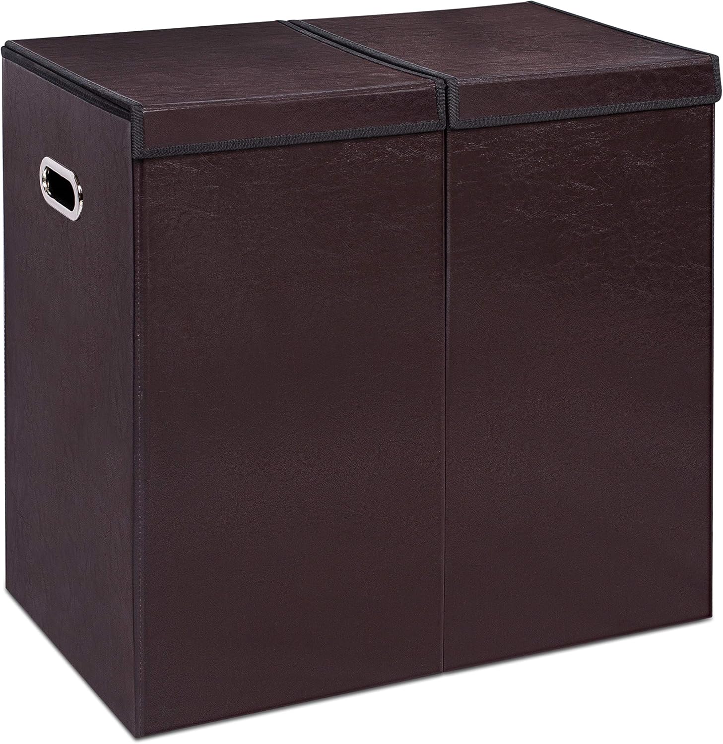 Internet's Best Double Faux Leather Laundry Hamper with Lid - Double Load - Foldable Hamper Basket - Removable Lid - Brown