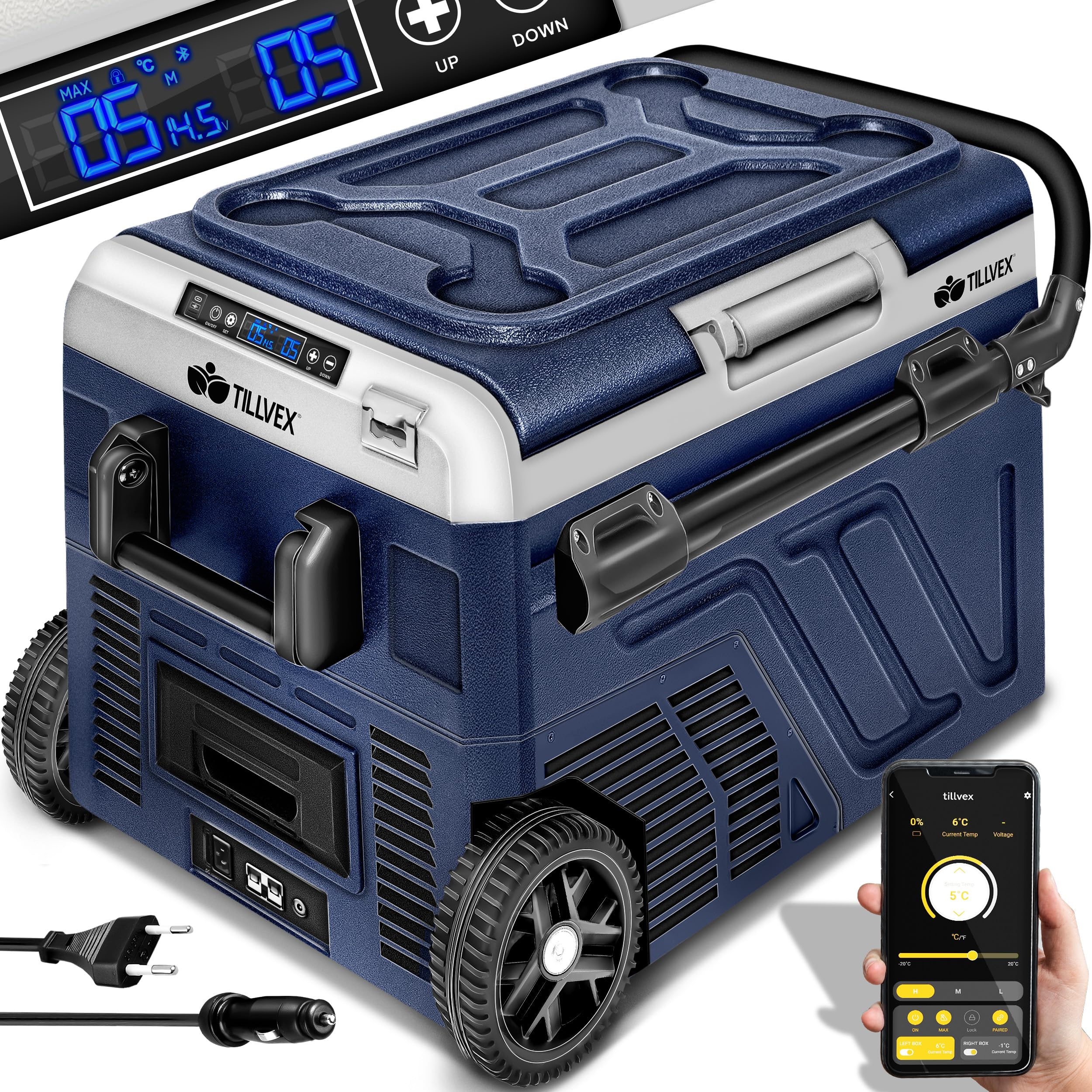 tillvex® Kompressor Kühlbox elektrisch 60 Liter - Navyblau, Akku