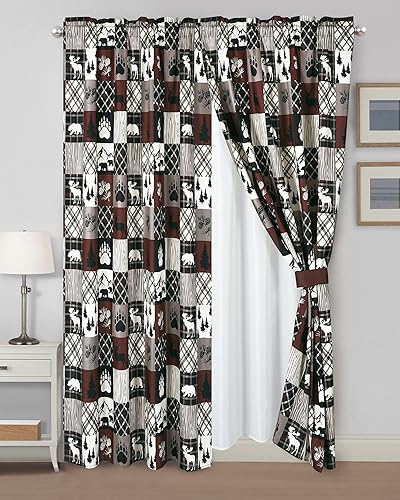 Chezmoi Collection Vista - Juego de 4 cortinas para ventana de cabaña del suroeste con respaldo transparente, microfibra estampada con oso pardo,