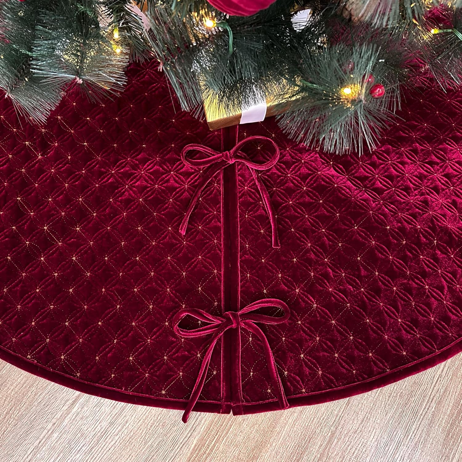 60-Inch Quilted Velvet Christmas Tree Skirt with Gold Wedding Ring Stitch Embroidery and Lace Tie Closures, Burgundy