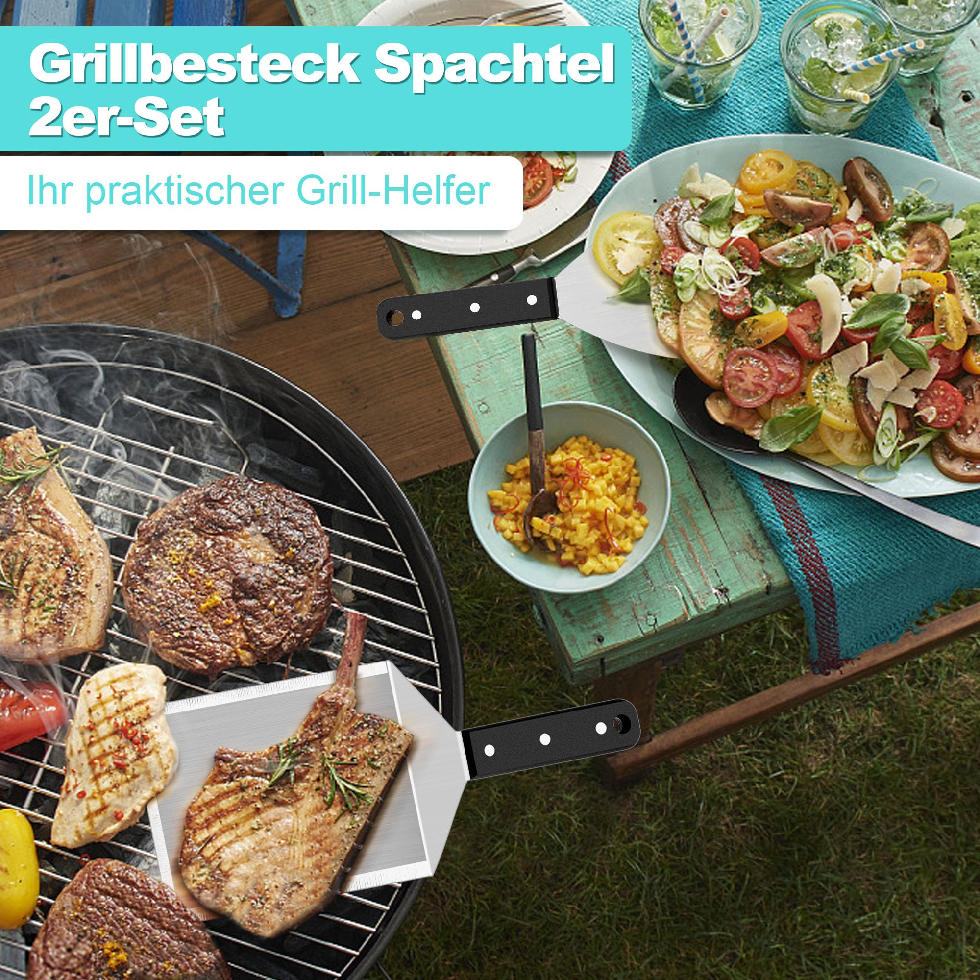 Set Di 2 Spatole Per Barbecue In Acciaio Inox - Superficie Larga 14x12,7 Cm - Con Raschietto E Manico In Legno
