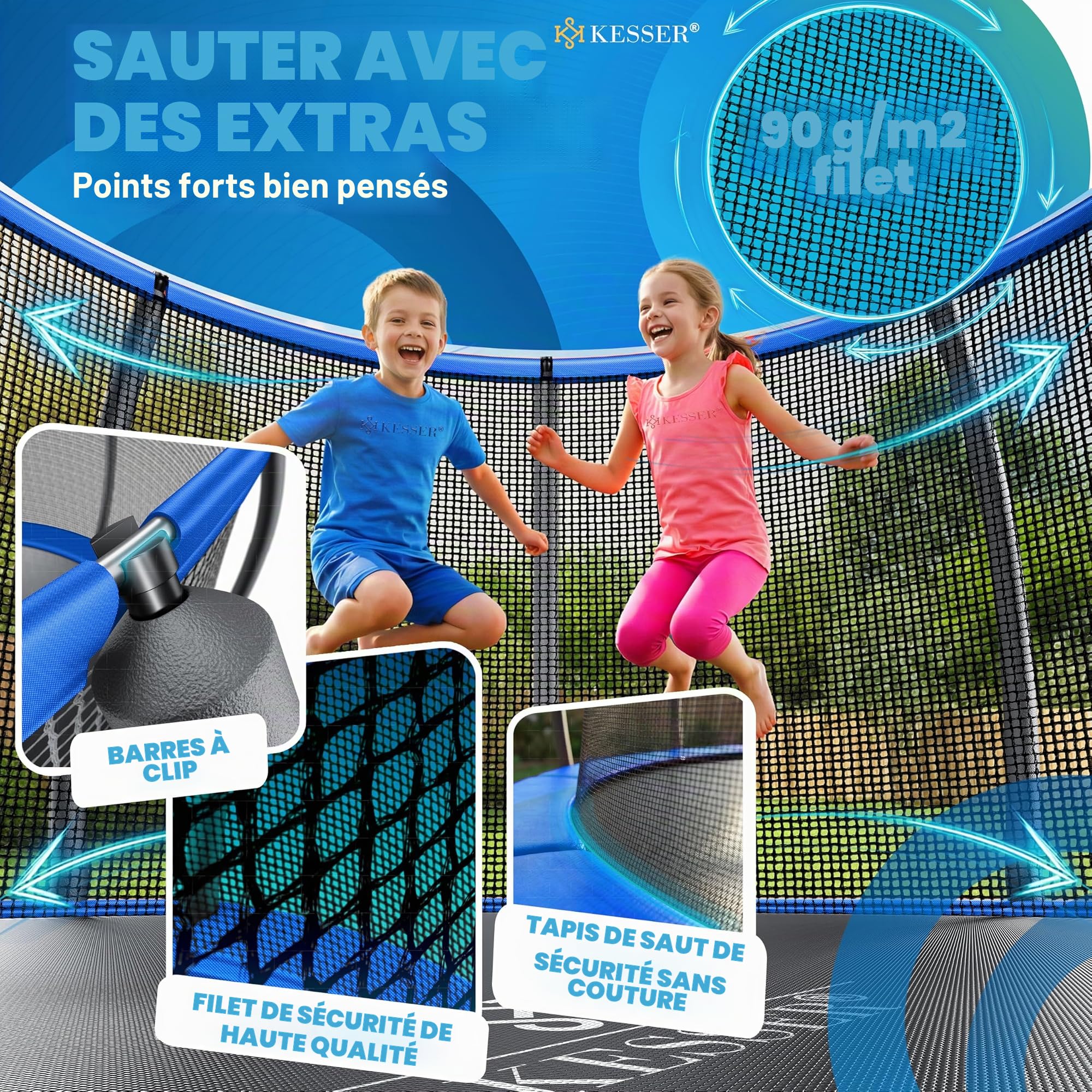 KESSER Trampoline d'extérieur Ø 244/305/366/427 cm, certificat GS, trampoline de jardin pour enfants et adultes < 150 kg avec filet de sécurité, sac, échelle, housse de bord et barres de filet