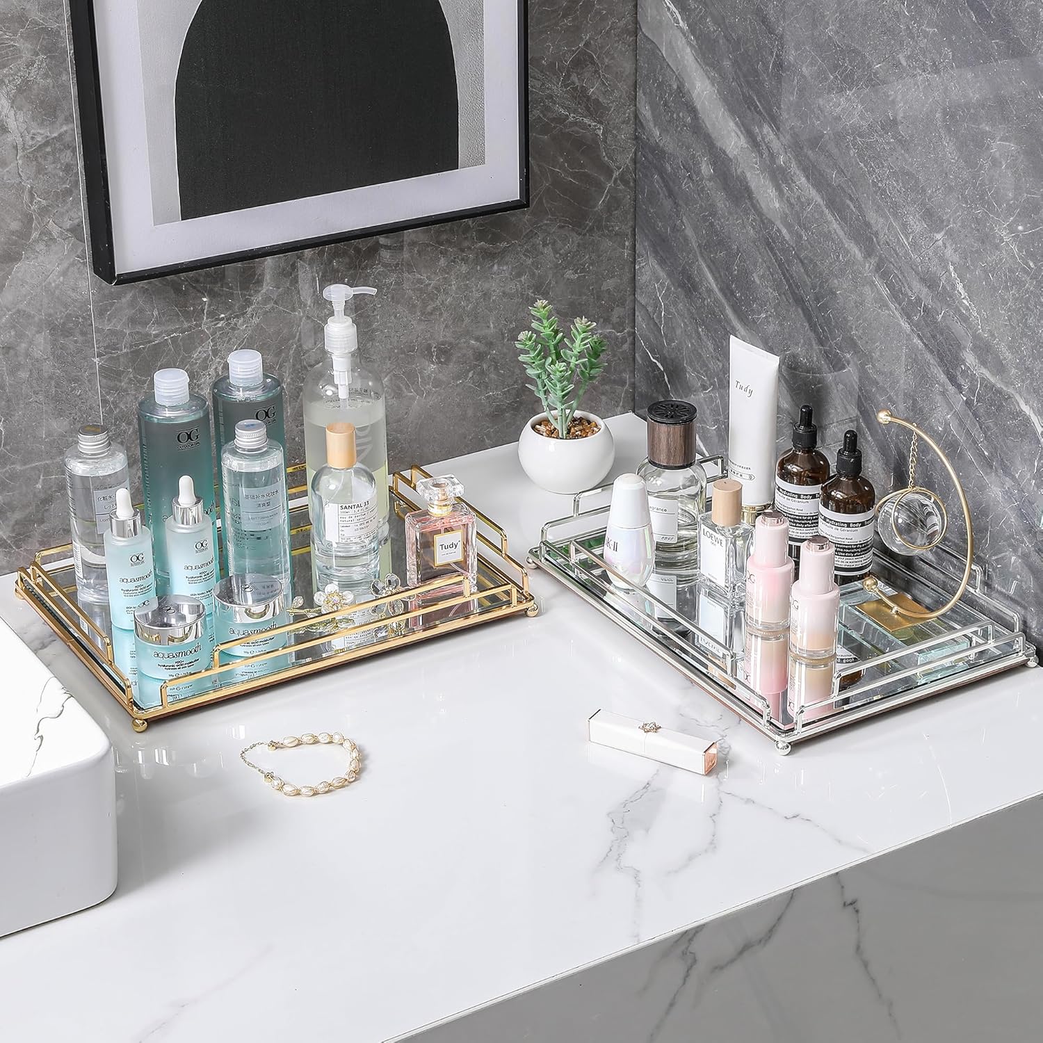 Tieson Mirror Tray Contemporary Silver Dresser Perfume Tray Bathroom Dresser Bedroom (Silver)