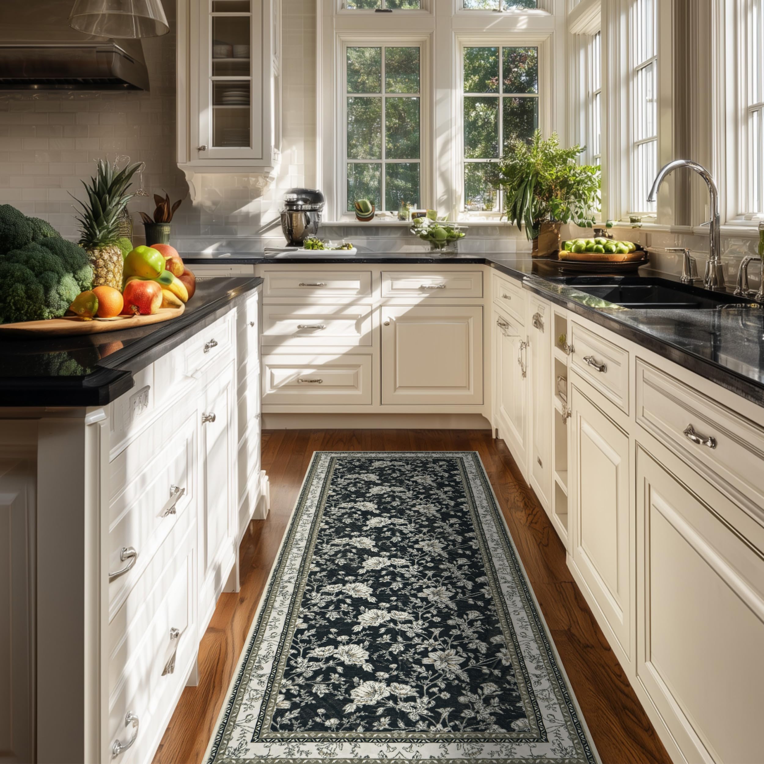 Black Runner Rugs 2x6 for Hallway Kitchen Bedroom Beside Laundry Room Bathroom Rug Boho Modern Washable Non Slip Low Pile Stain Resistant Soft Long Carpet Mat Black Cream Beige Taupe Floral Pattern