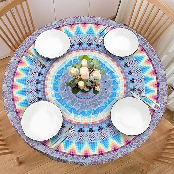 Boho 48 Inch Round Fitted Cloth Tablecloth with Elastic Edged, Waterproof Oil Proof Wipeable Table Cover for Indoor Outdoor Patio Table, Fits Round Tables Up to 46" - 50" Diameter