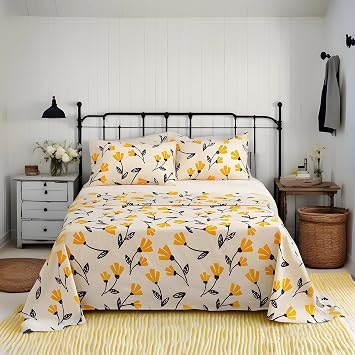 DaDa Bedding Farmhouse Yellow Fleur Floral Fitted and Flat Bed Sheets Set - Golden Orange Spring Time Tulip Flowers - Neutral Ivory Cream Background - Twin Size - 3-Pieces [ Upgraded ]