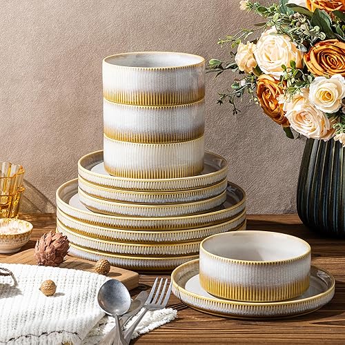 Miniatura 5 de TheTerra Juego de vajilla de cerámica para 4, juego de 12 platos y cuencos ligeros de porcelana, resistente a los arañazos, apto para horno, Neblina