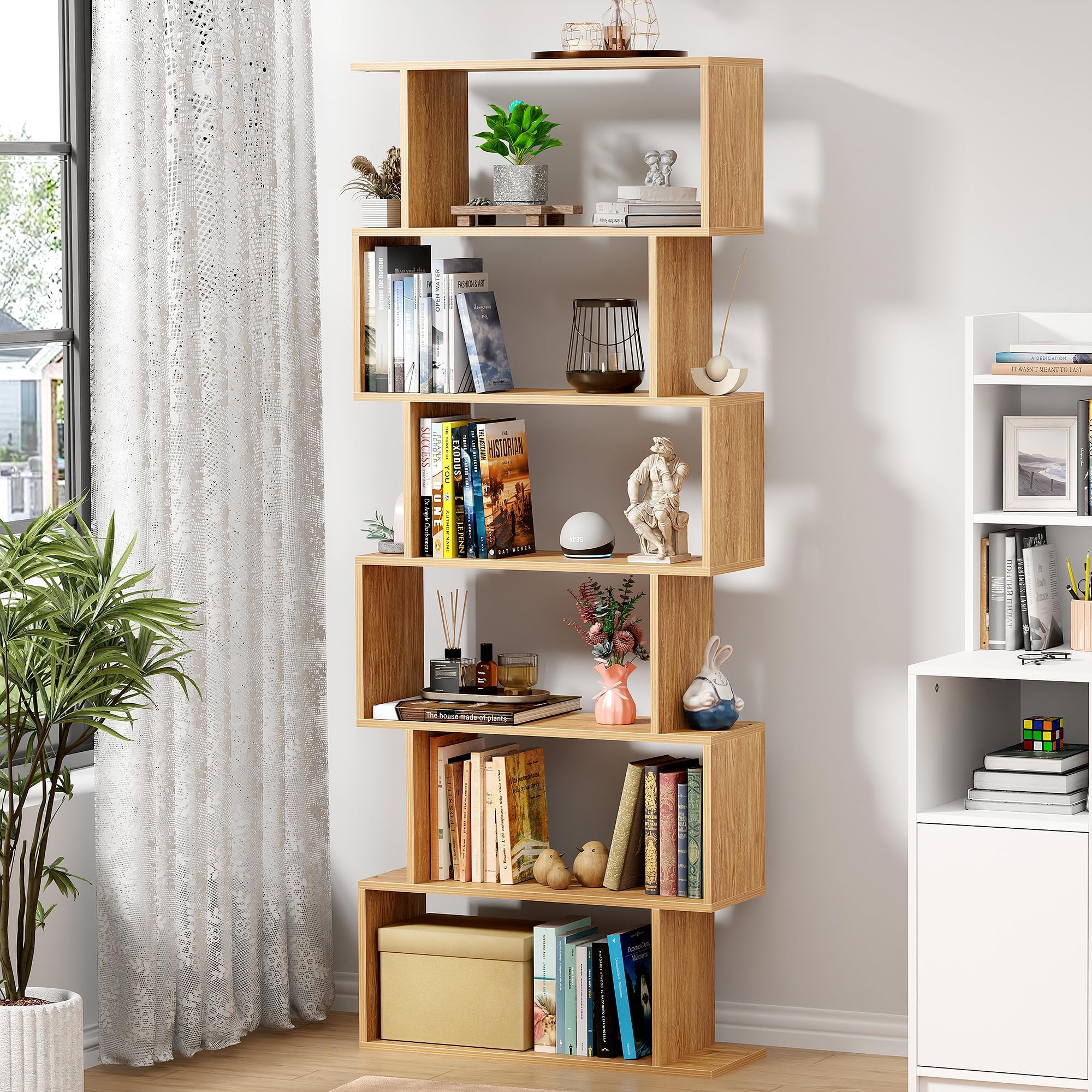 Lukzer 6-Layer S-Shape Ladder Bookshelf | Engineered Wood Open Display Rack | MR-002/Oak Light | Modern Bookcase for Living Room, Office & Study Room/Library | Home Storage Organizer (178x70x24 cm)DIY