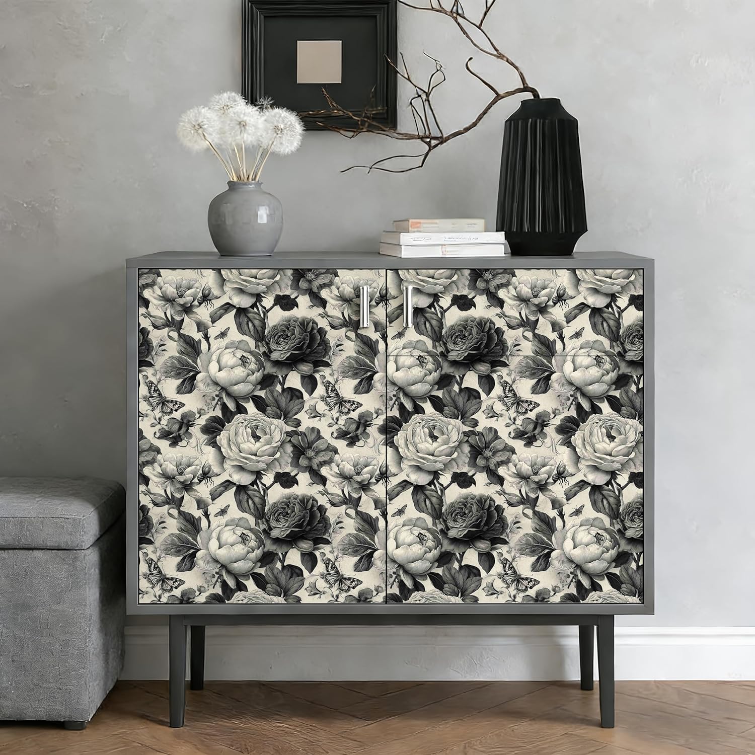 Vintage Engraved Floral Peel and Stick Wallpaper, (Black and Off-White) Gothic Retro Peony & Butterfly Pattern Wallpaper for Home Decor | 17.7" x 236", Self-Adhesive, Waterproof Vinyl
