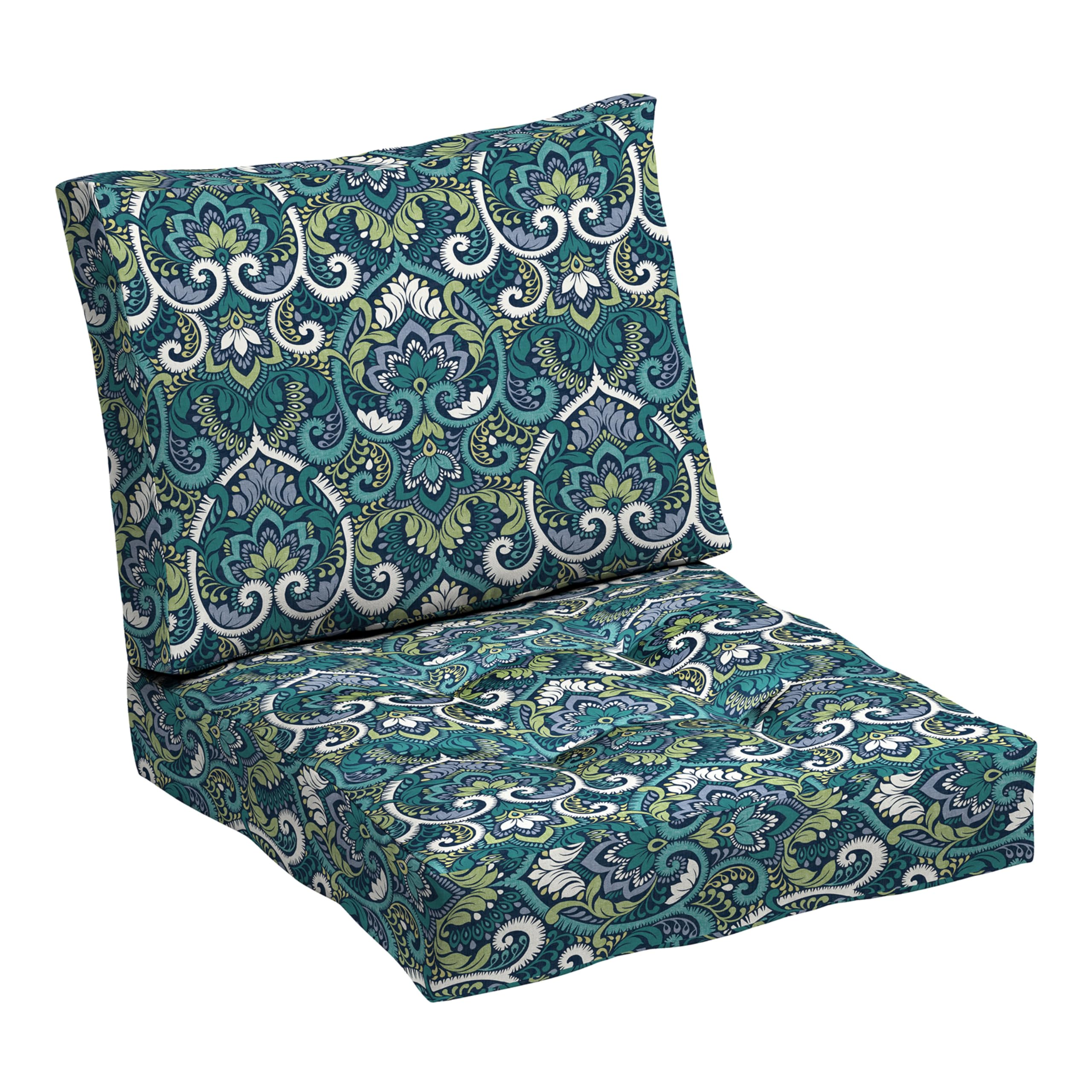 arden selections outdoor plush modern tufted blowfill deep seat set, 24 x 24, water repellent, fade resistant, deep seat bottom and back cushion for chair and sofa 24 x 24, sapphire aurora blue damask