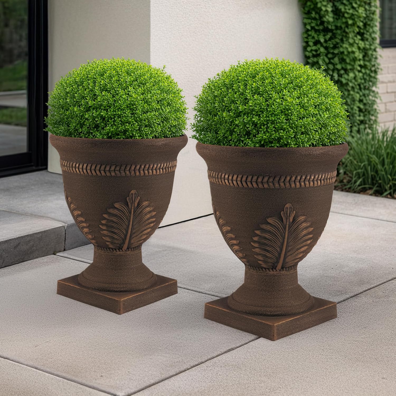 Outdoor Planter 2-Pack - 15.25x18.8-Inch Urn Planters for Front Porch Decor, Indoors, Patio or Entryway - Plastic Plant Pots with Drainage - Large Decorative Flower Pots by Pure Garden (Bronze)