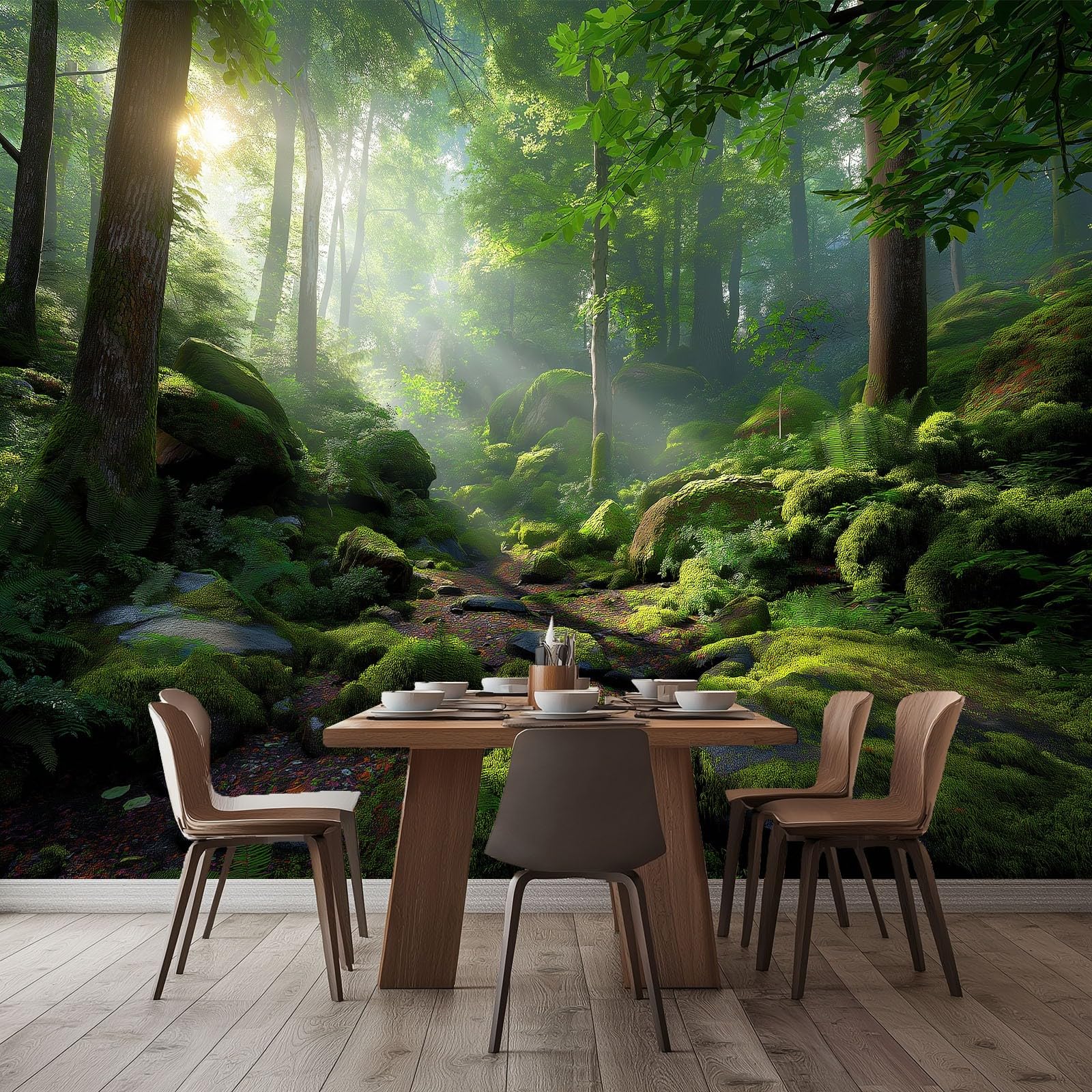 Générique Tapeta z włókniny Natura Słoneczny Las Moussus Rocks 200 x 140 cm, zielona tapeta panoramiczna fotograficzna, łatwa do zainstalowania dekoracja ścienna do salonu, sypialni, kuchni