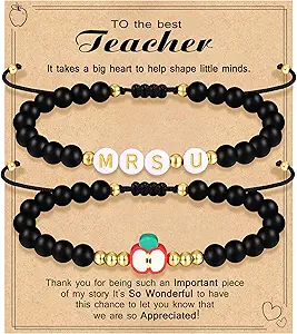 Teacher Appreciation Bracelet Gifts for Women Initial Beaded Bracelets Back to School Thank You Teacher Gifts 2pcs Link Bracelet New Teacher Graduation Gift Birthday Retirement Teachers' Day Jewelry