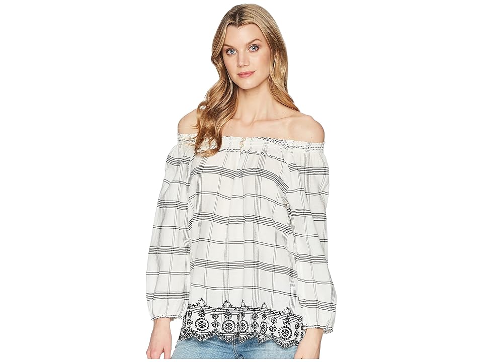 

CHAPS Cotton Off-the-Shoulder Shirt (White/Polo Black/Bali Plaid) Women's Blouse