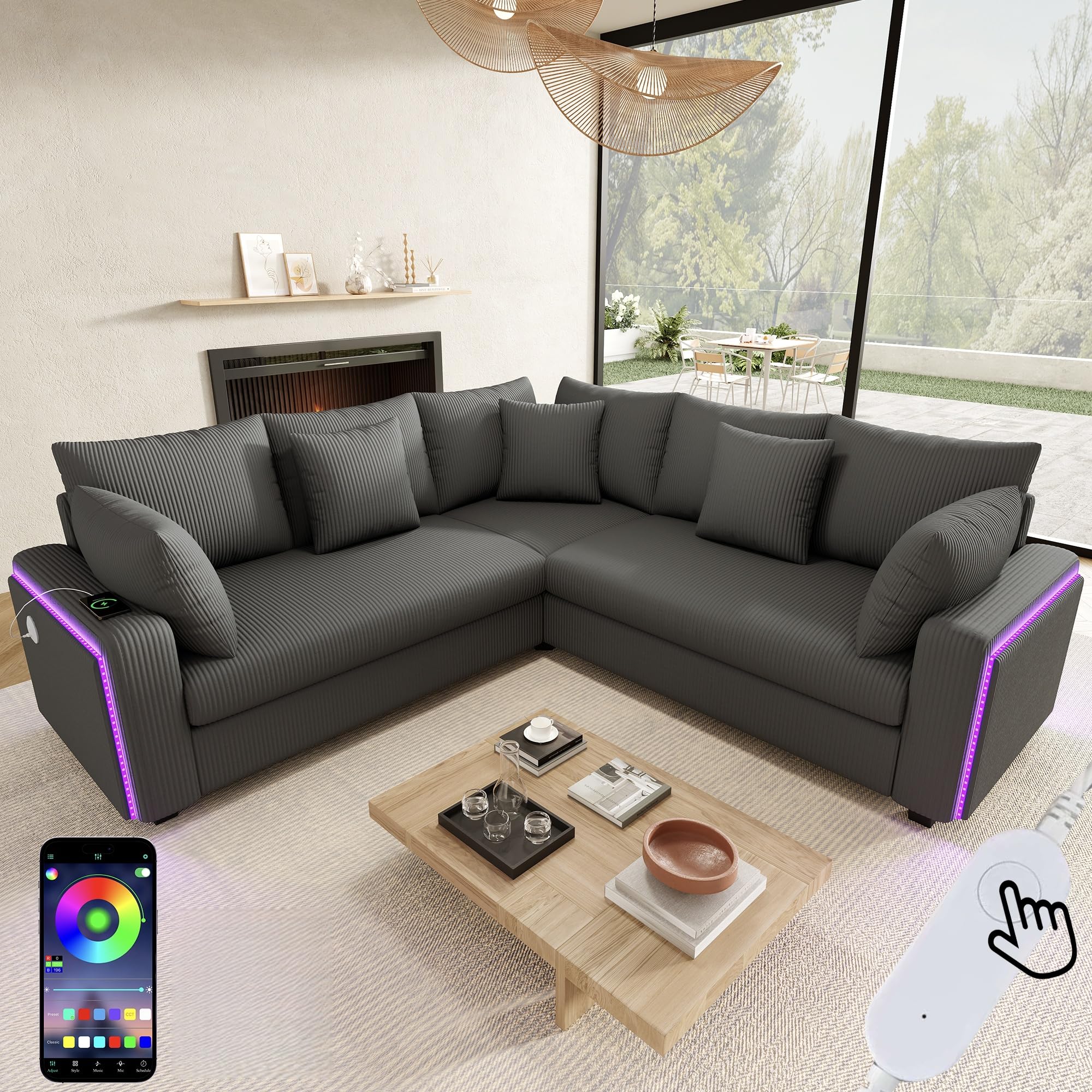 Sapgaks Canapé Convertible en L avec LED et USB C, Canapé d'angle Convertible en Velours Côtelé avec Coussins et Accoudoirs, Canapé Modulable Multifonctionnel au Salon Appt, Gris