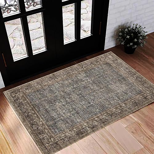 CHAMPLANT Washable Area Rug 2'x3' Door Mat Vintage Distressed Doormat Indoor Entrance Traditional Thin Rug Floral Print Non Slip Carpet for Kitchen Bathroom Bedroom Living Room