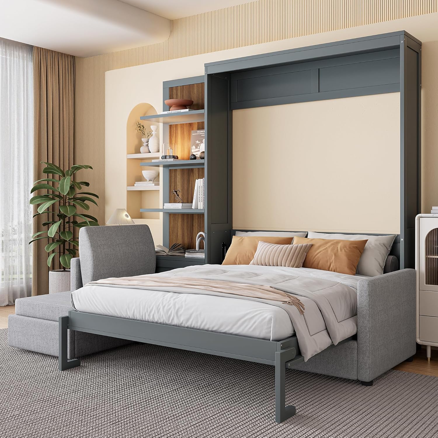 HABITRIO Queen Size Murphy Bed, Wooden Queen Murphy Bed Frame with Shelves, Wall Bed with L-Shape Sofa, Gray