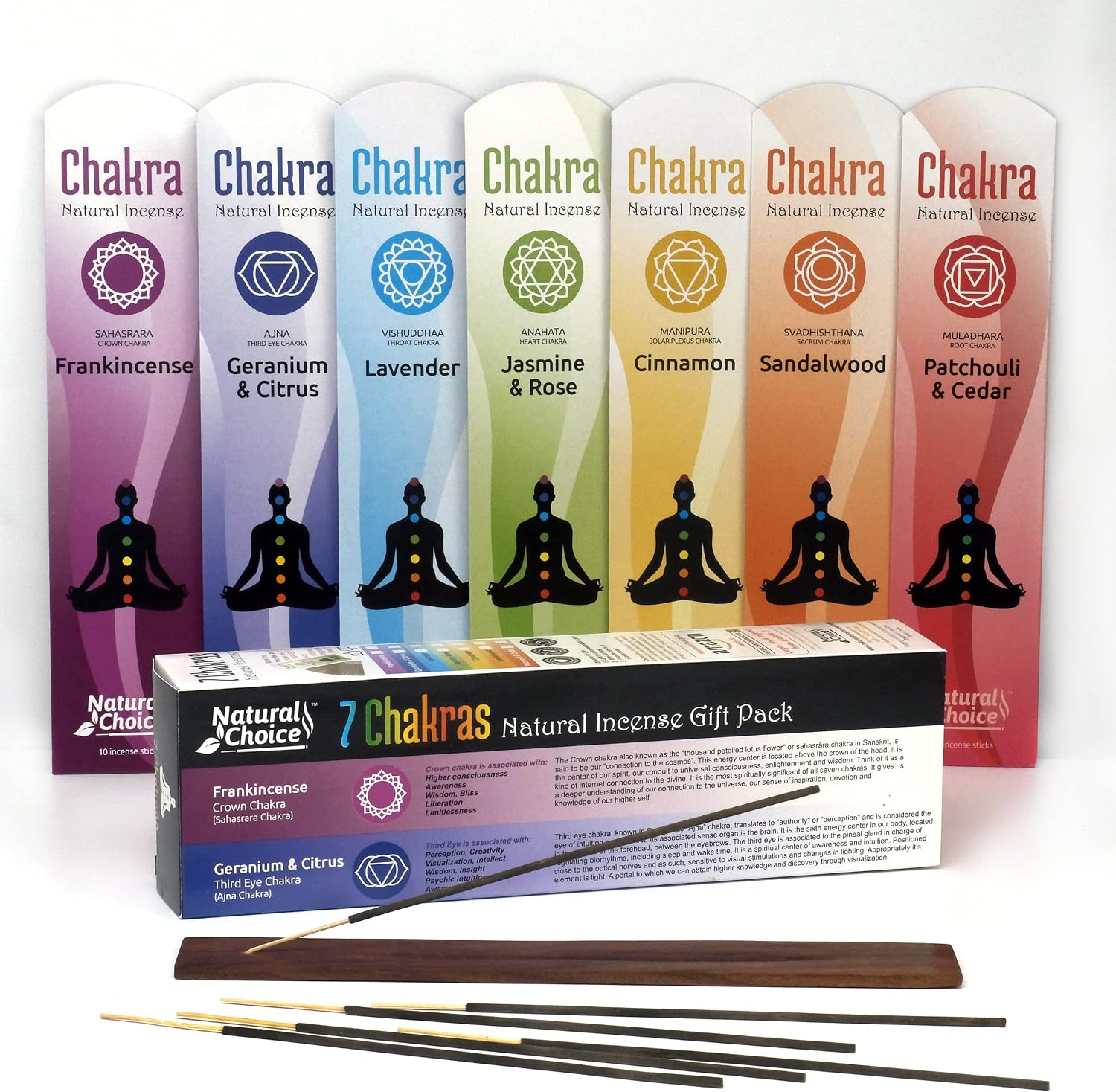 7 Chakra Gift Pack with Incense Burner - 70 Incense Sticks - Sandalwood, Lavender, Frankincense, Cinnamon, Geranium, Citrus, Jasmine, Rose