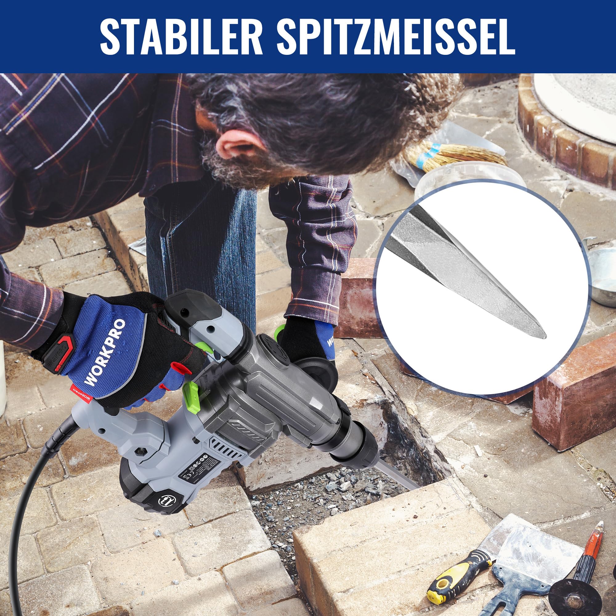 WORKPRO 17-teilig SDS-Plus Bohrer- und Meißel-Set, Zubehör für Bohrhammer, Hammerbohrer Steinbohrer Betonbohrer mit Aufbewahrungskoffer, Für Beton, Fliesen, Ziegel, Zement, Stein und Mauerwerk