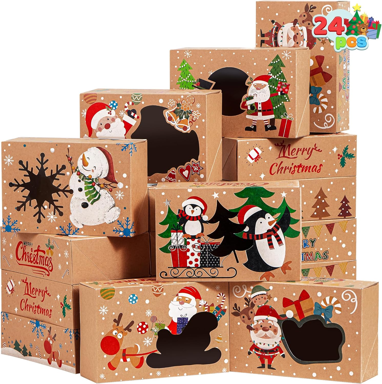 JOYIN 24PCS Christmas Cookie Boxes for Gift Giving, 8.5″ x 5.75″ x 2.75″ Xmas Holiday Treats Cookie Tins with Window, 6 Designs Brown Kraft Bakery Boxes for Pastries, Cupcakes, Brownies, Doughnut JOYIN 24PCS Christmas Cookie Boxes for Gift Giving, 8.5″ x 5.75″ x 2.75″ Xmas Holiday Treats Cookie Tins with Window, 6 Designs Brown Kraft Bakery Boxes for Pastries, Cupcakes, Brownies, Doughnut