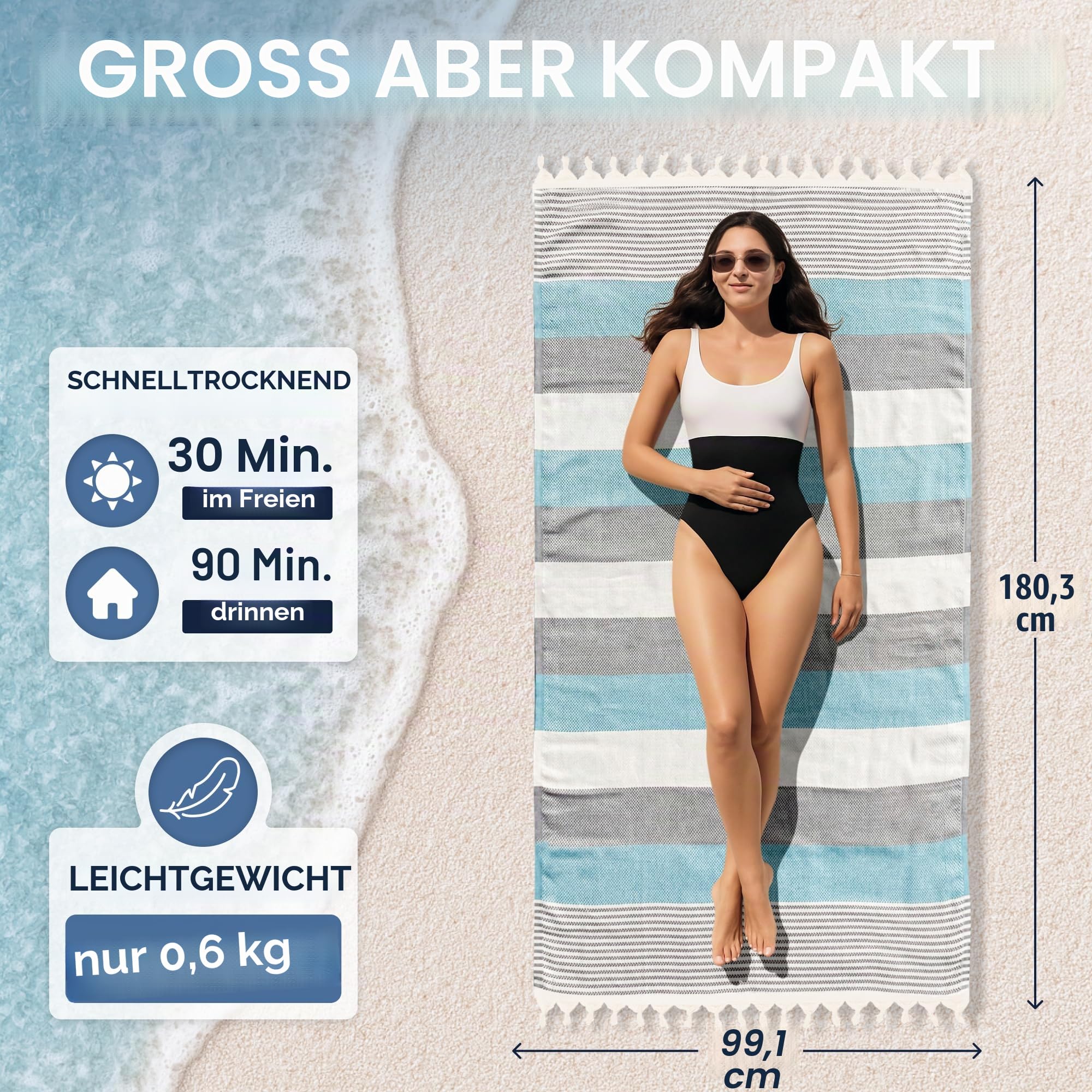 ATANI Türkisches Strandtuch, in eine Tasche umwandelbar, übergroßes Badetuch aus 100 % Baumwolle, leichtes und schnelltrocknendes Strandtuch für Reisen, Picknick, Camping, Yoga und Pool