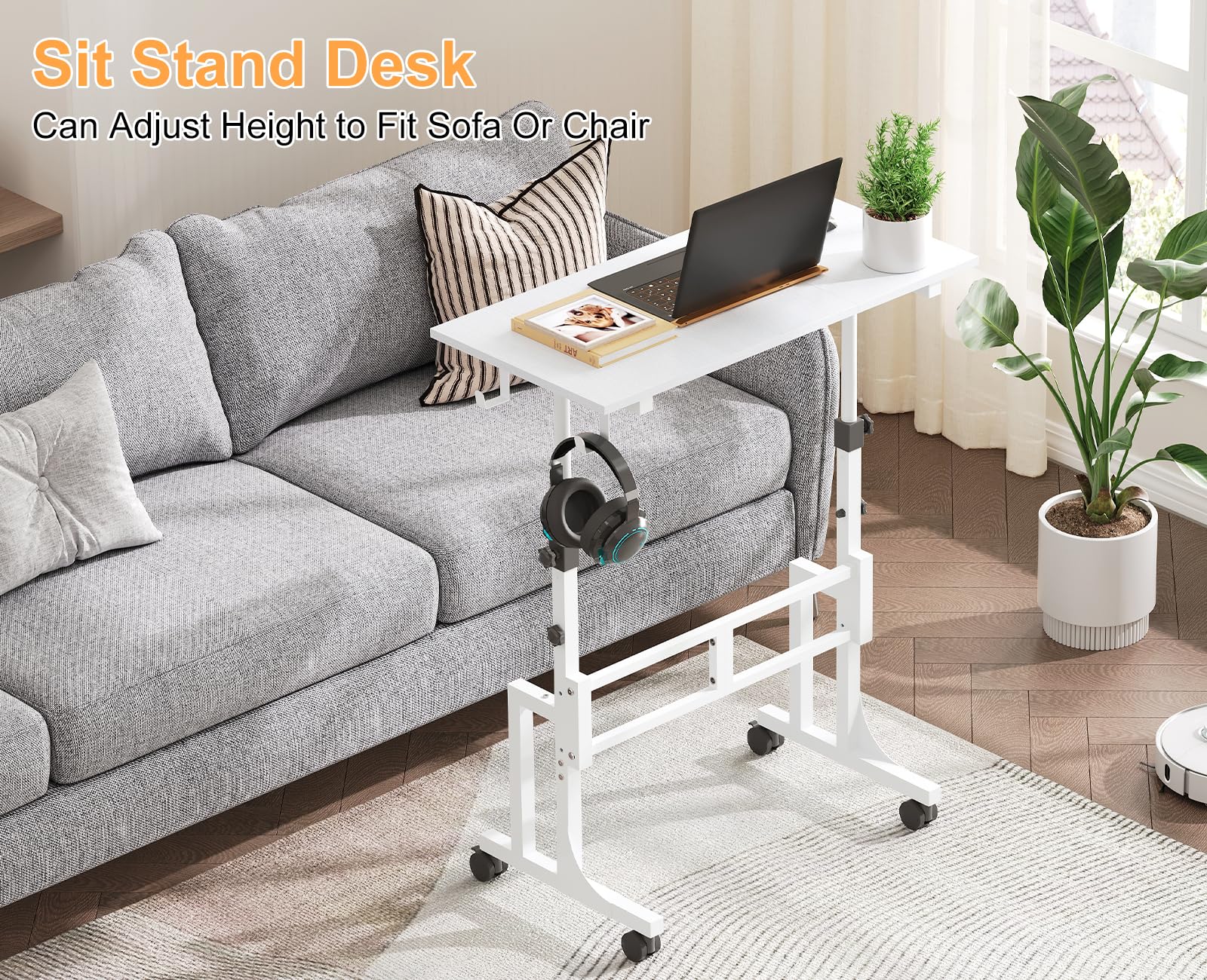 Small Adjustable Height Standing Desk With 2 Hooks Rolling Sit Stand Up Desk With Wheels Adjustable Mobile Portable — view 8