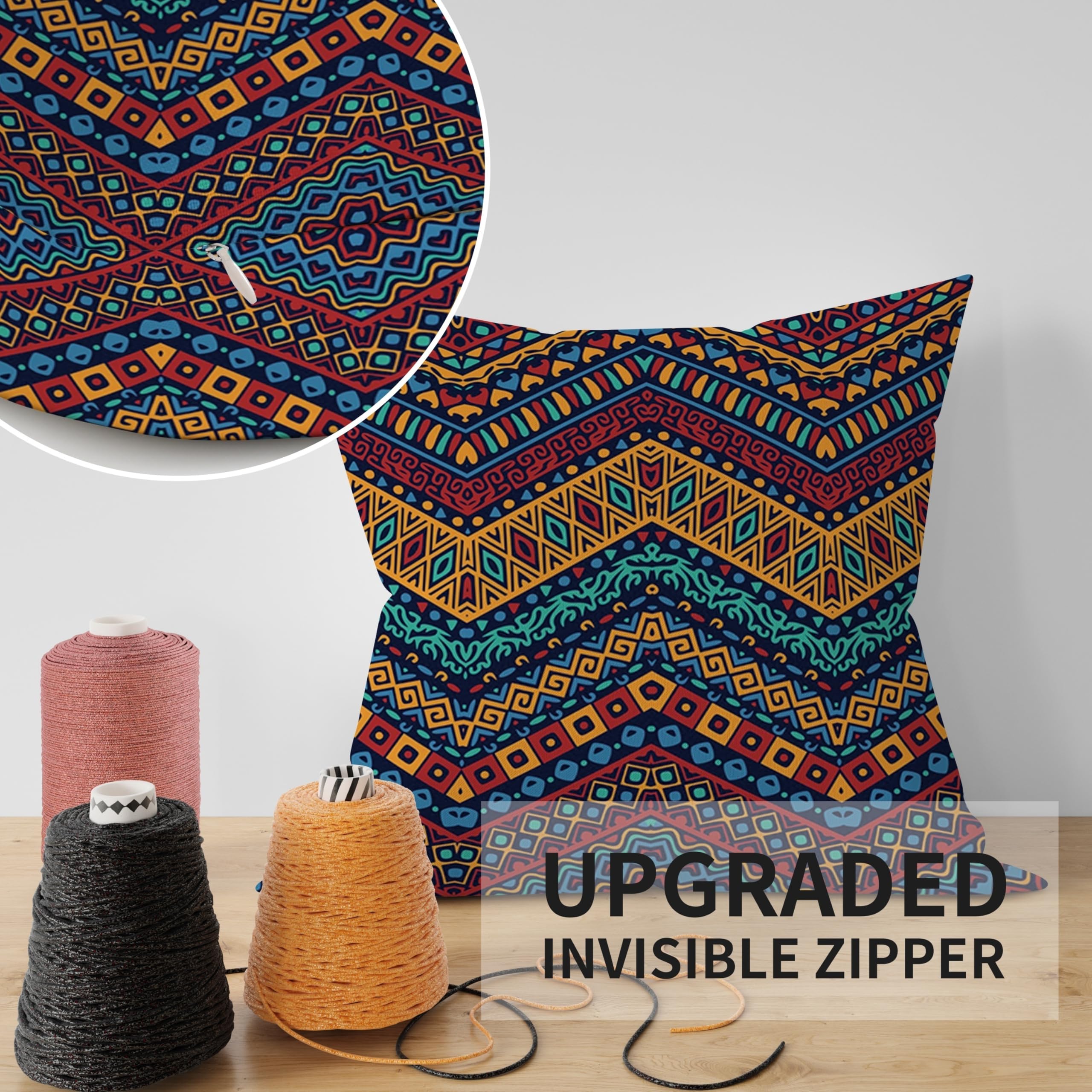 ggaimwf Boho Linen Cushion Covers for Sofa Bed Throw Pillow Hippie Bohemian Ethnic Style Yellow Chevron Handmade Square Cushion Cases with Invisible Zipper - Image 4